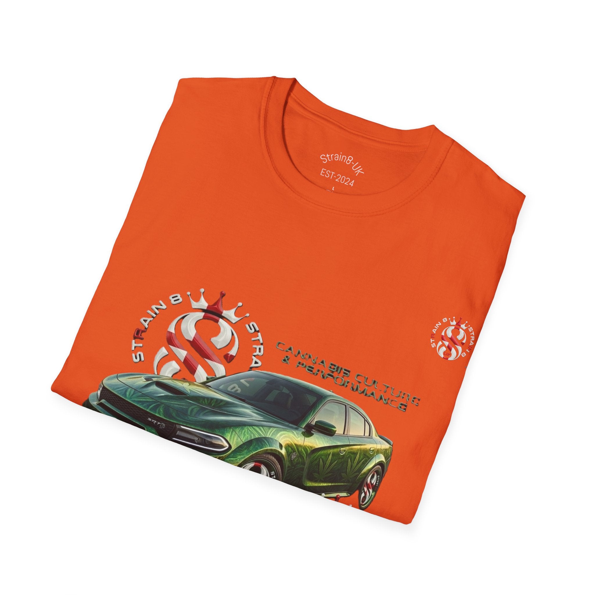 High Performance Strain8-UK Muscle Car T‑Shirt — Green Sports Car Graphic St George Cross Alloys Tee