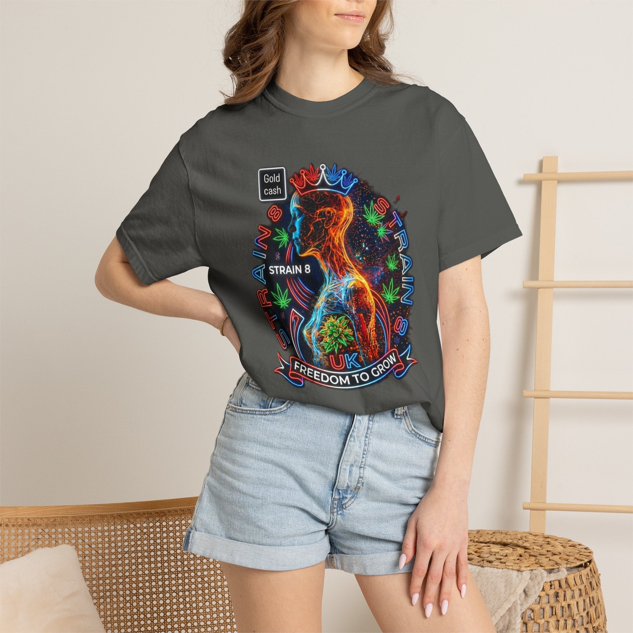T-Shirt — Psychedelic Crowned Female Energy Glow, Freedom to Grow Graphic Tee (Strain8-UK)