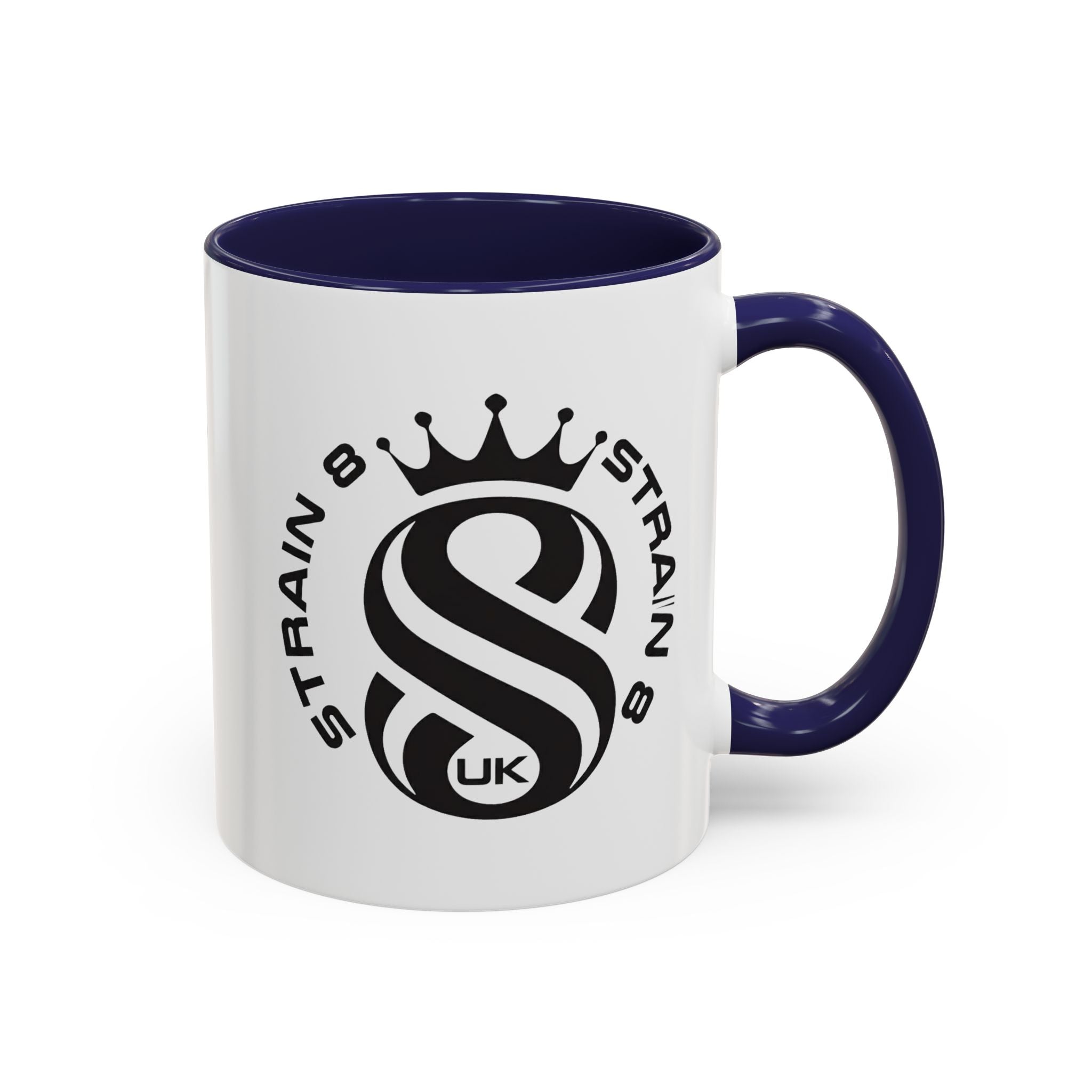 Strain 8 UK Logo Accent Coffee Mug — Crowned S8 Black & White