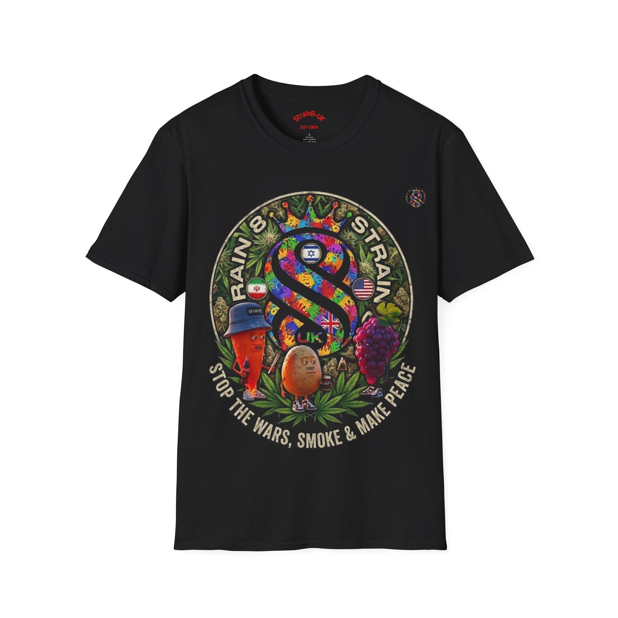 Rainbow Strain8-UK T‑Shirt — Psychedelic Cannabis Art Tee (Stop the Wars, Smoke & Make Peace)