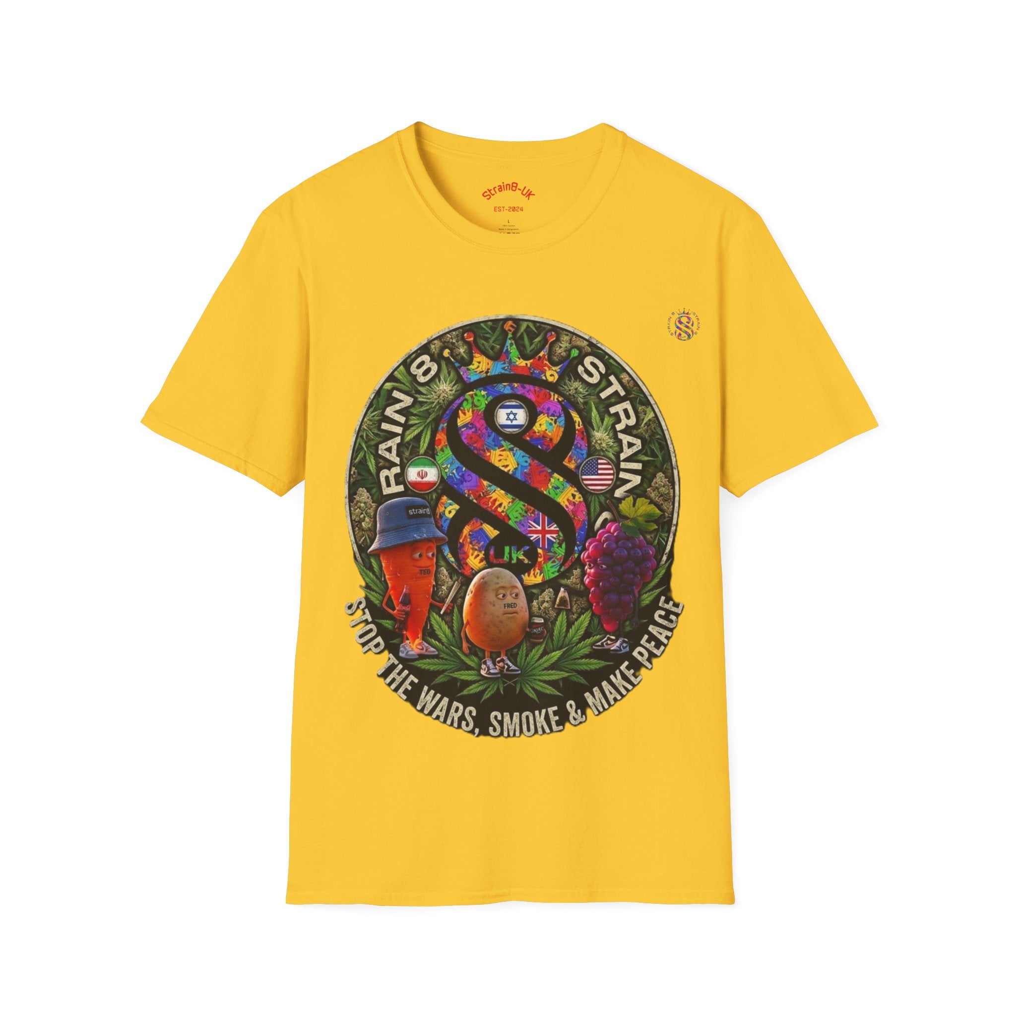 Rainbow Strain8-UK T‑Shirt — Psychedelic Cannabis Art Tee (Stop the Wars, Smoke & Make Peace)
