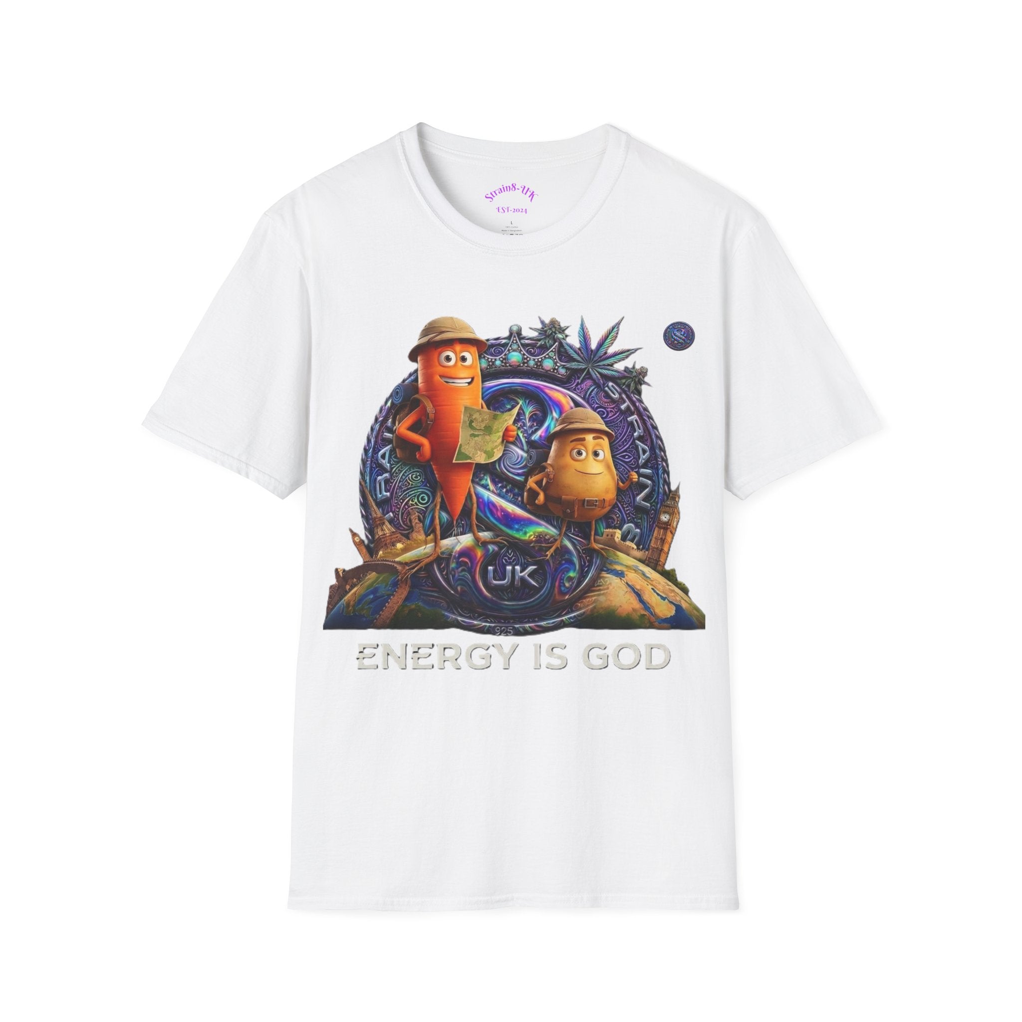 Strain8-UK Ted&Fred Energy Is God T-Shirt — Retro Cartoon Space Energy Design