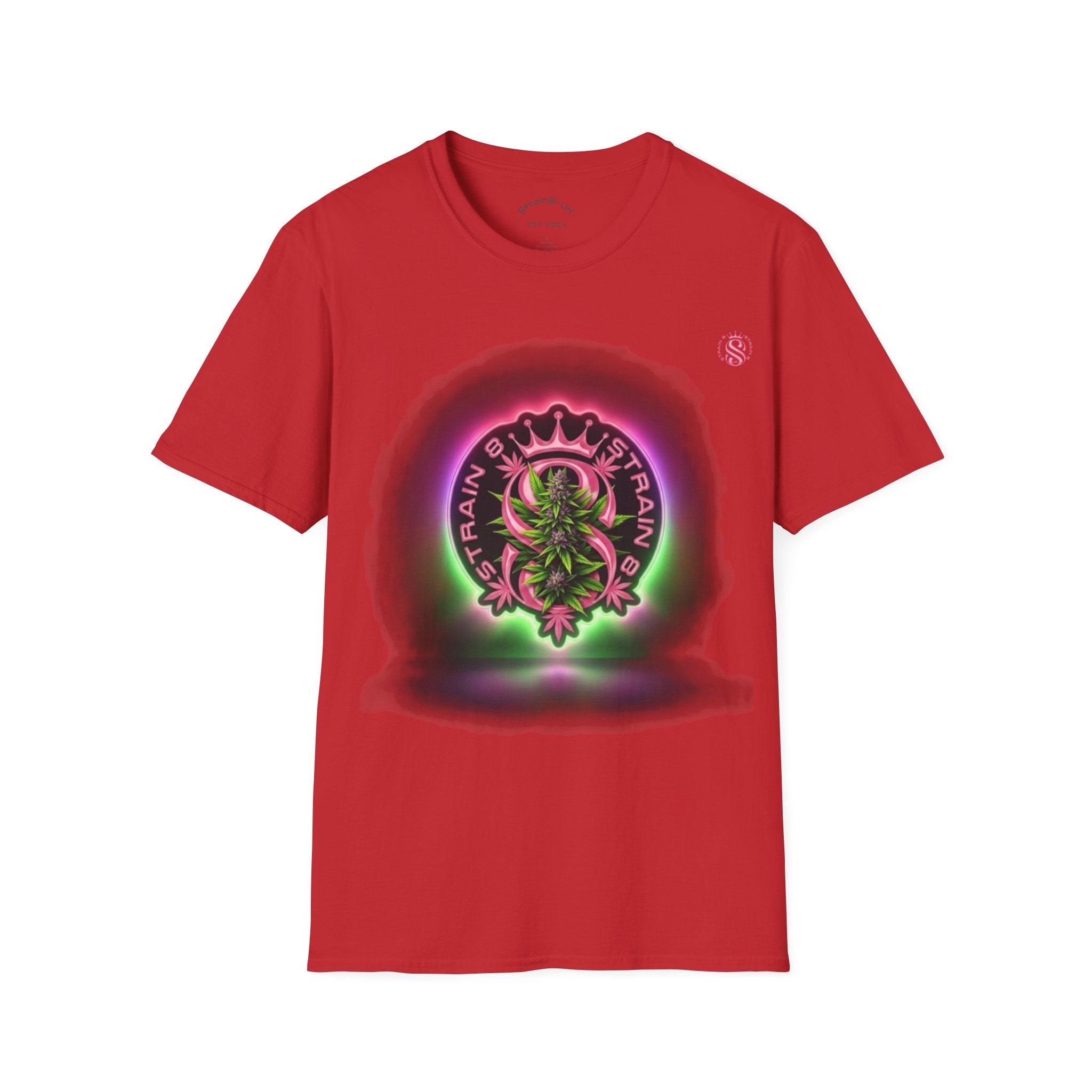 Unisex Softstyle Strain8-UK Neon Glow S8-UK Logo with flower Design T-Shirt