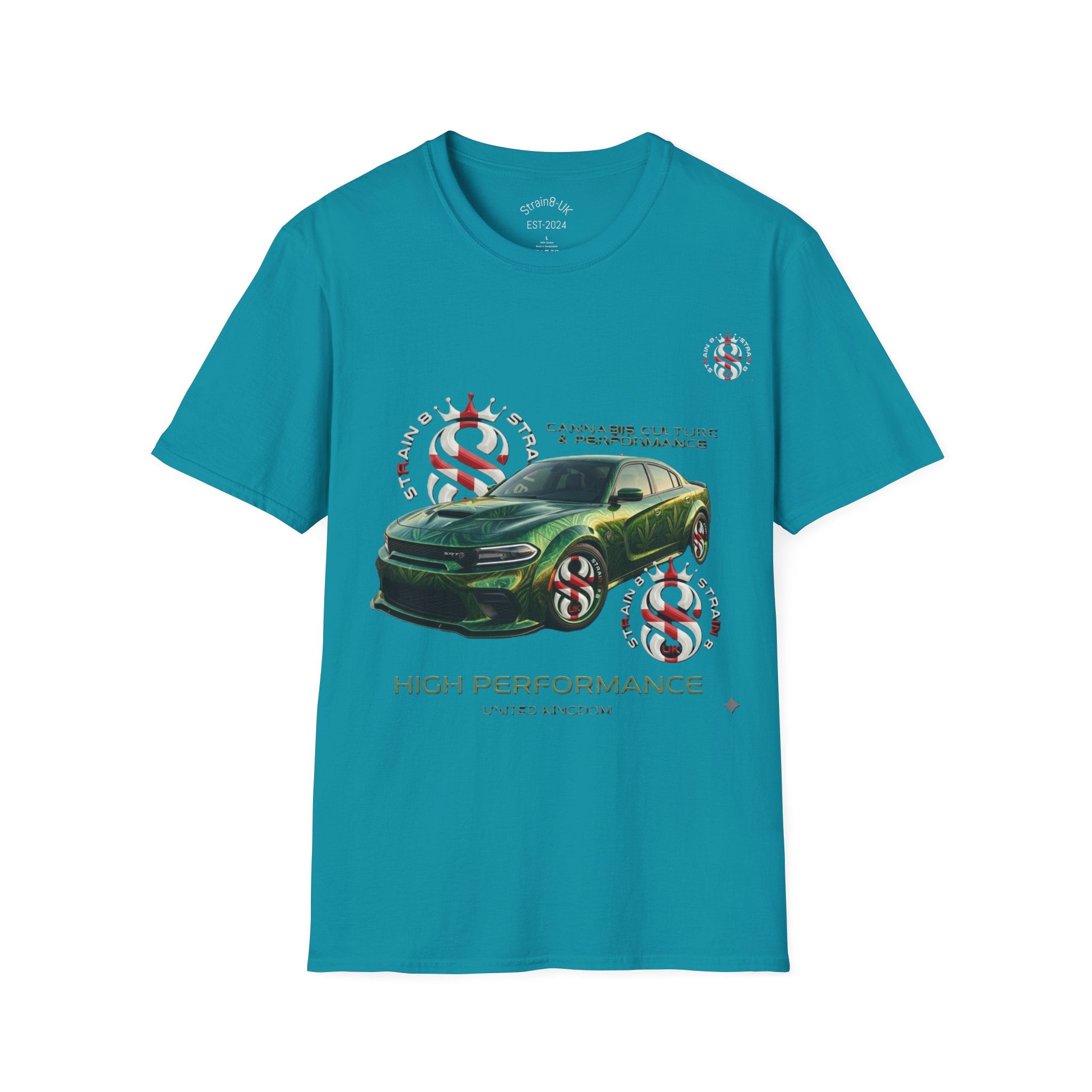 High Performance Strain8-UK Muscle Car T‑Shirt — Green Sports Car Graphic St George Cross Alloys Tee