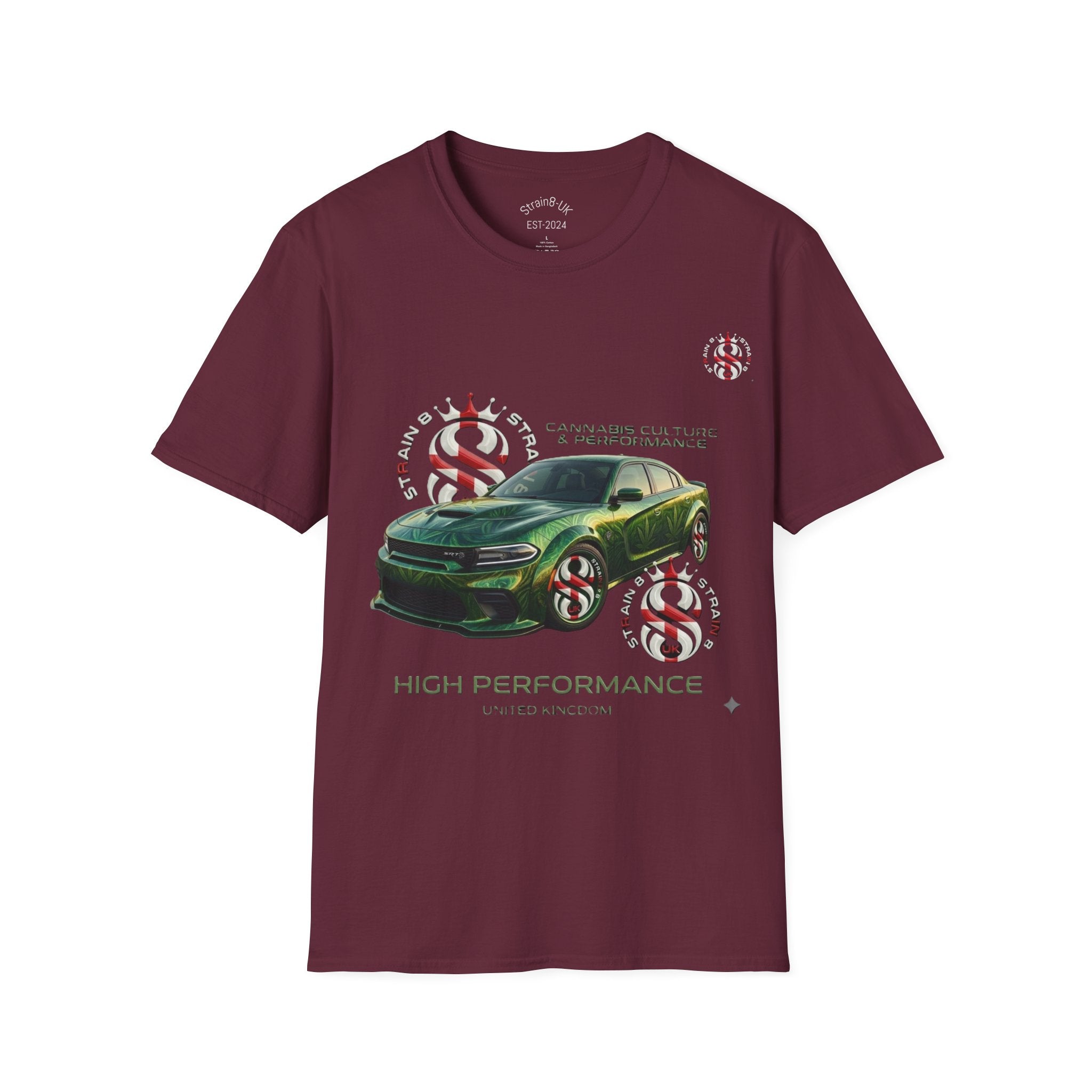 High Performance Strain8-UK Muscle Car T‑Shirt — Green Sports Car Graphic St George Cross Alloys Tee
