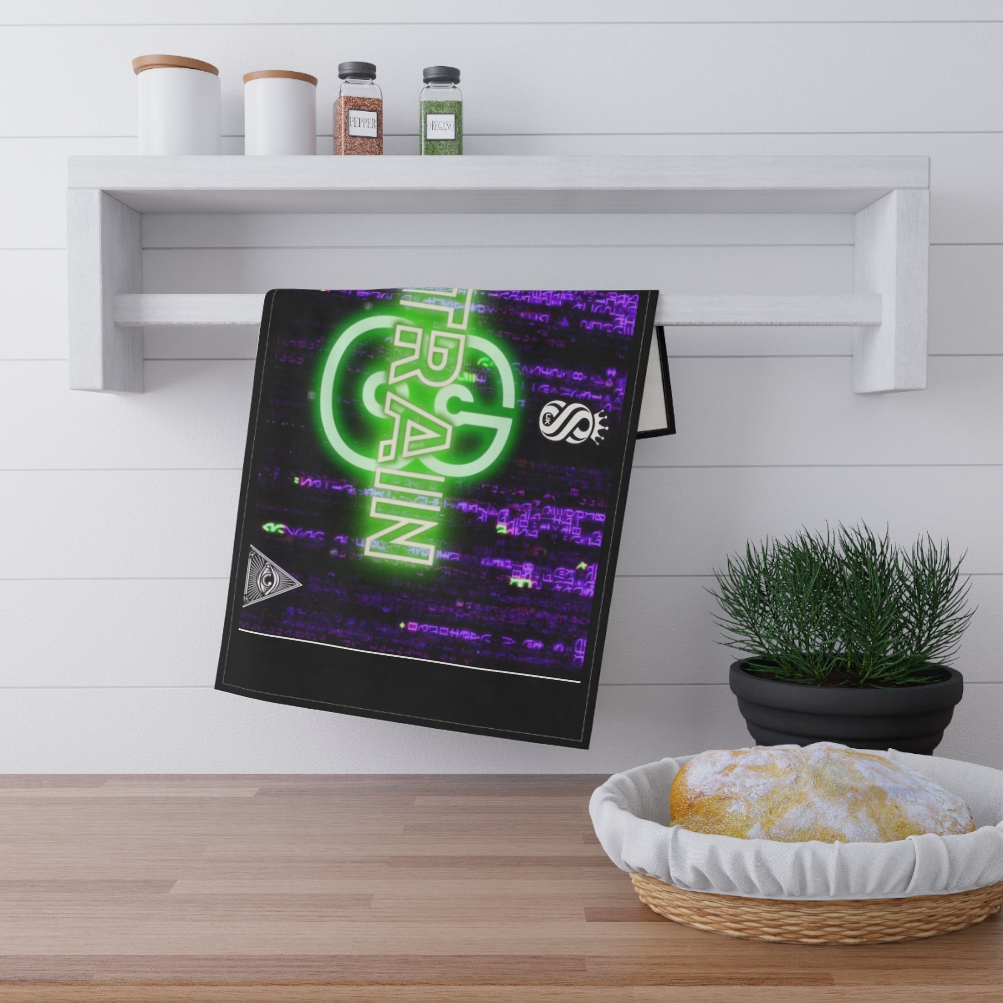 Neon Grain Strain8-uk Kitchen Tea Towel — Retro Green & Purple Glitch Design