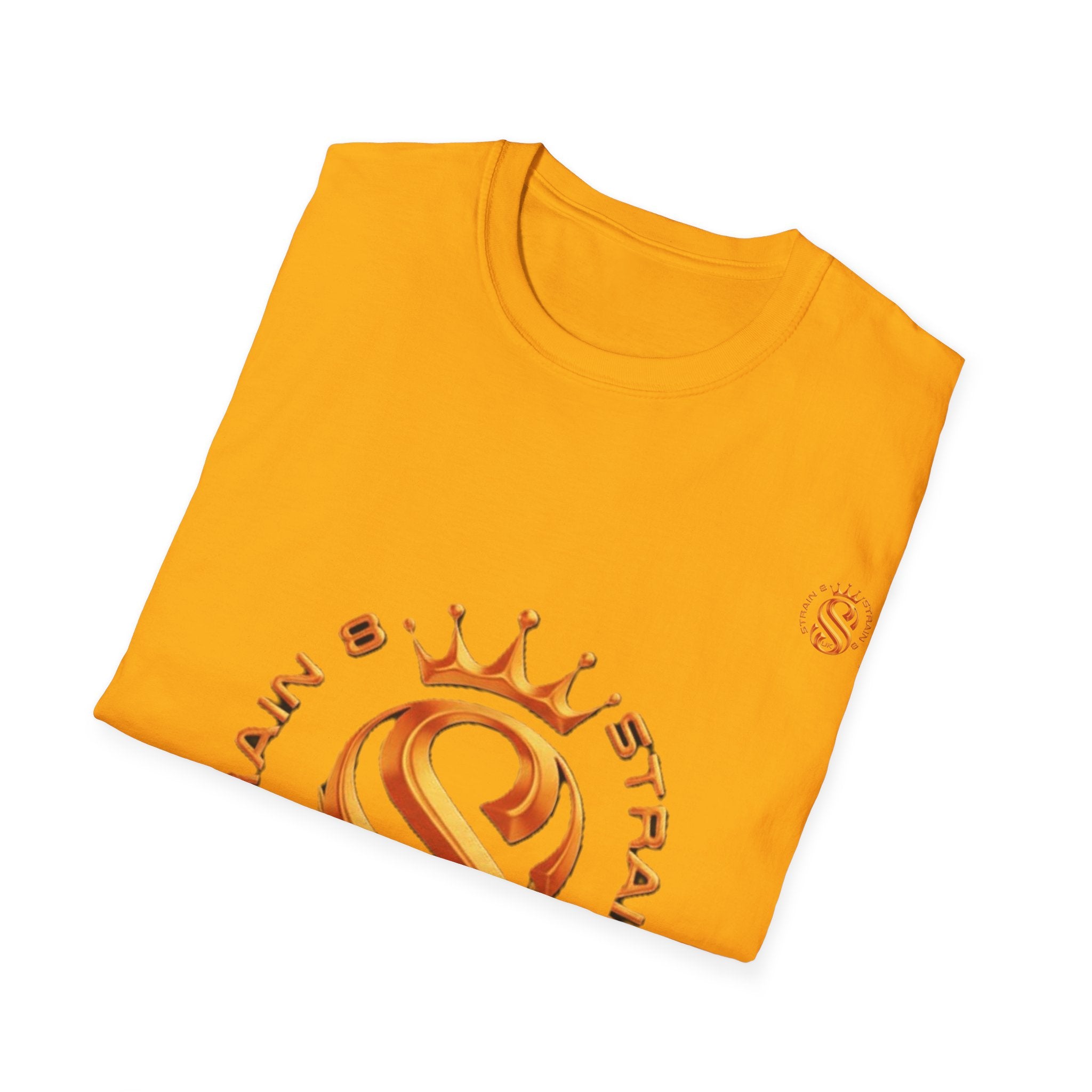 Strain8-UK metallic orange Royal Strain8-UK Emblem T‑Shirt — Crowned Strain8-UK Logo Graphic Tee