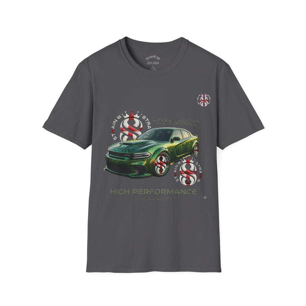 High Performance Strain8-UK Muscle Car T‑Shirt — Green Sports Car Graphic St George Cross Alloys Tee