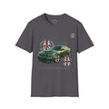 High Performance Strain8-UK Muscle Car T‑Shirt — Green Sports Car Graphic St George Cross Alloys Tee