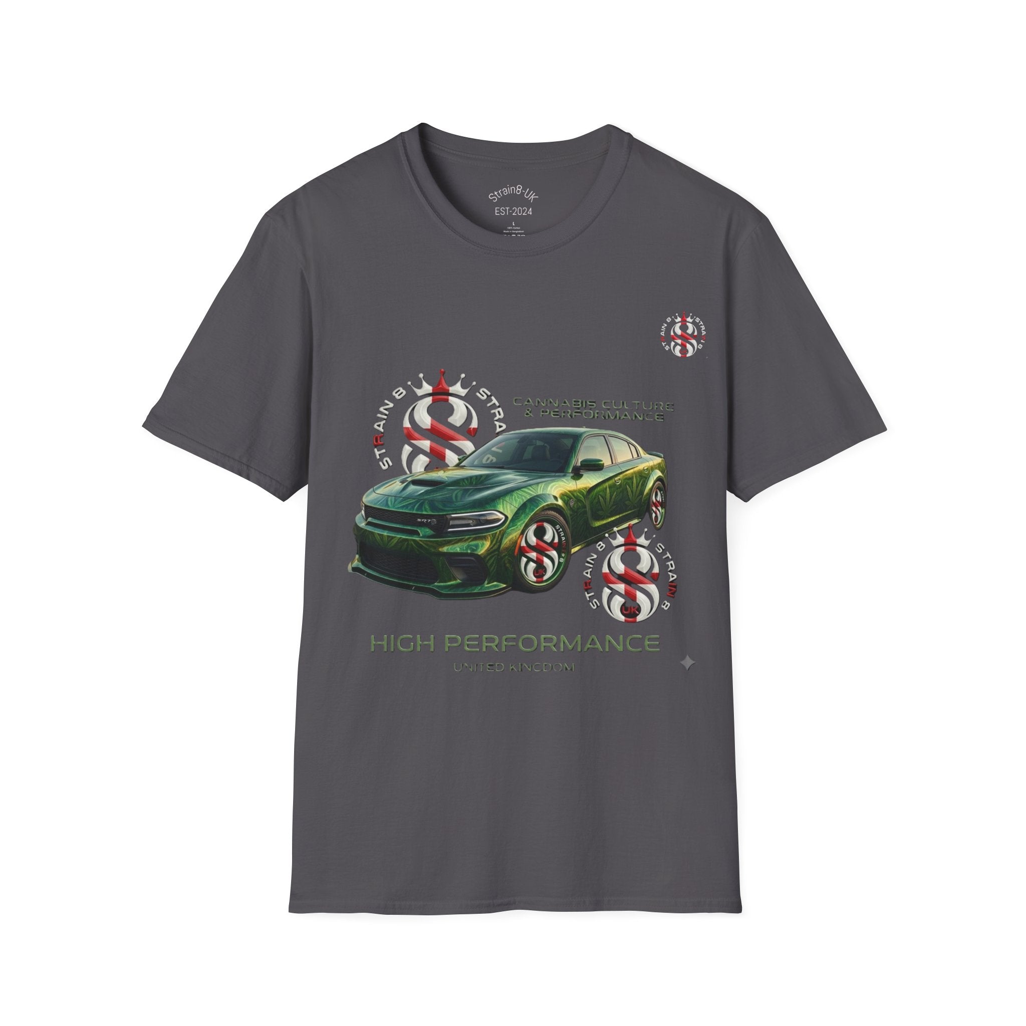 High Performance Strain8-UK Muscle Car T‑Shirt — Green Sports Car Graphic St George Cross Alloys Tee