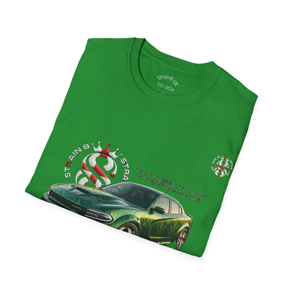 High Performance Strain8-UK Muscle Car T‑Shirt — Green Sports Car Graphic St George Cross Alloys Tee