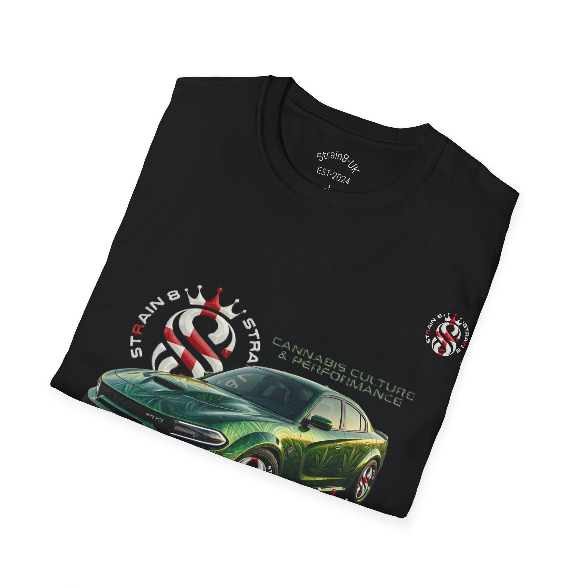 High Performance Strain8-UK Muscle Car T‑Shirt — Green Sports Car Graphic St George Cross Alloys Tee