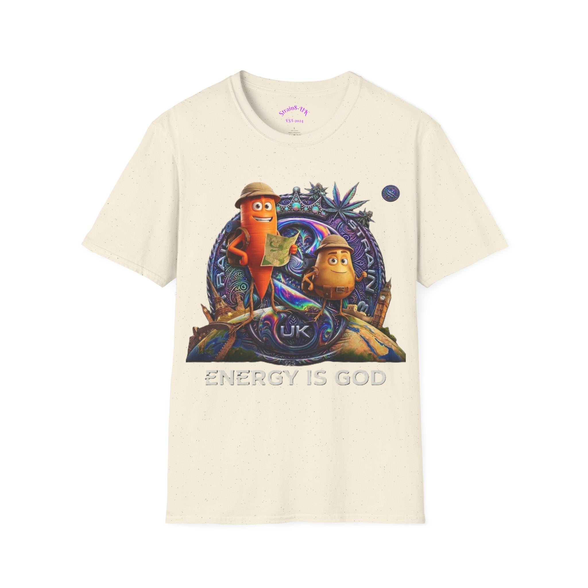 Strain8-UK Ted&Fred Energy Is God T-Shirt — Retro Cartoon Space Energy Design