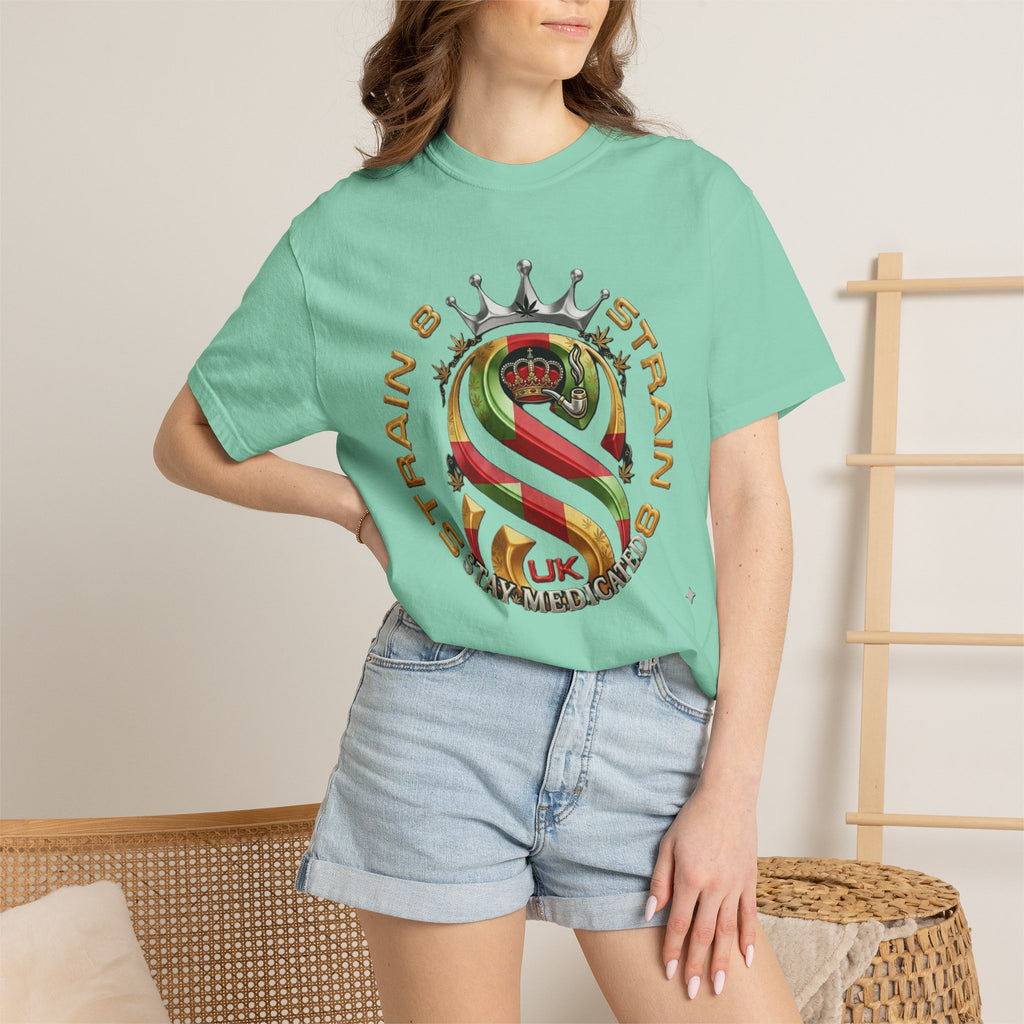 Strain8-UK Crown Logo T-Shirt — St George Cross Mixed With Spanish Flahg-Inspired Graphic Tee