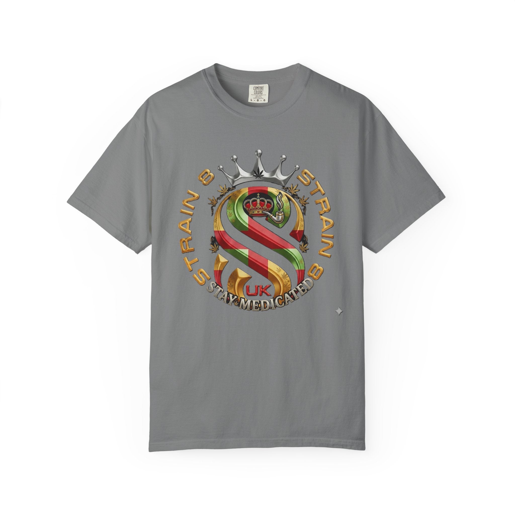 Strain8-UK Crown Logo T-Shirt — St George Cross Mixed With Spanish Flahg-Inspired Graphic Tee