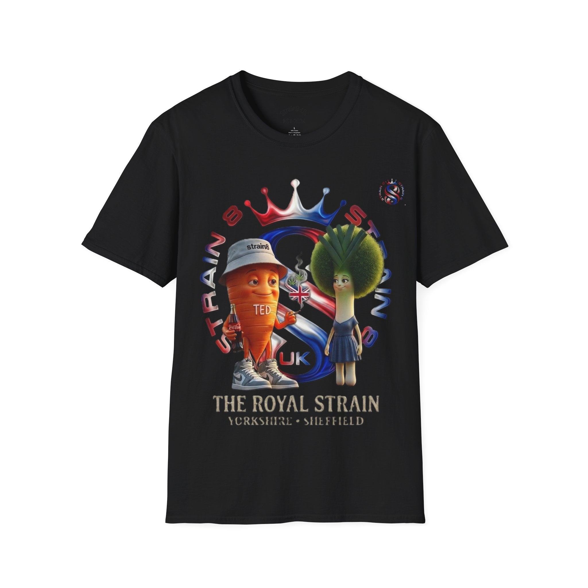 The Royal Strain8-UK T‑Shirt – Cute Cartoon Ted the carrot & Lucy the leak Veggie Characters Tee