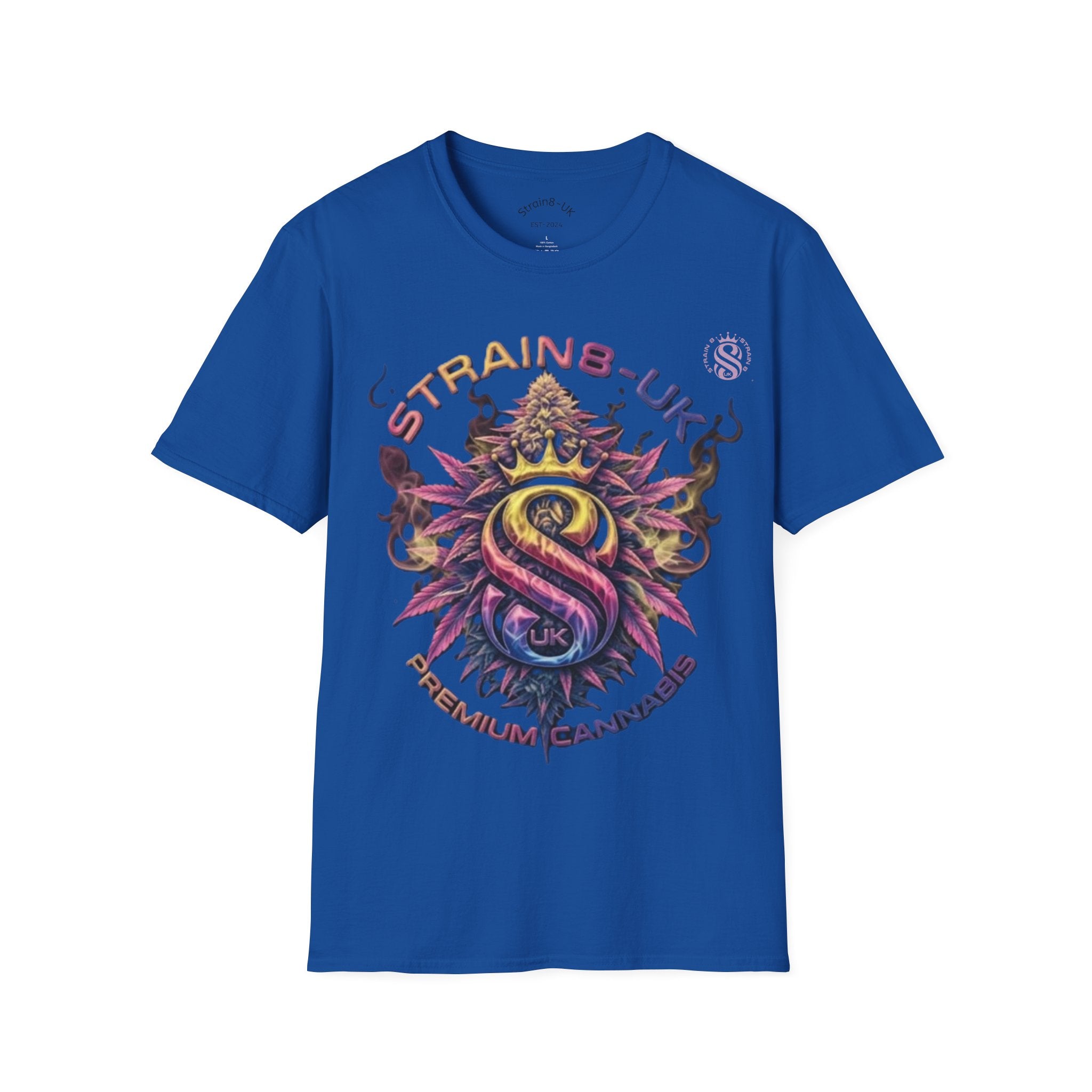 Strain8-UK T‑Shirt — Vibrant Psychedelic Leaf&Logo ‘STRAIN8-UK’ Graphic Tee