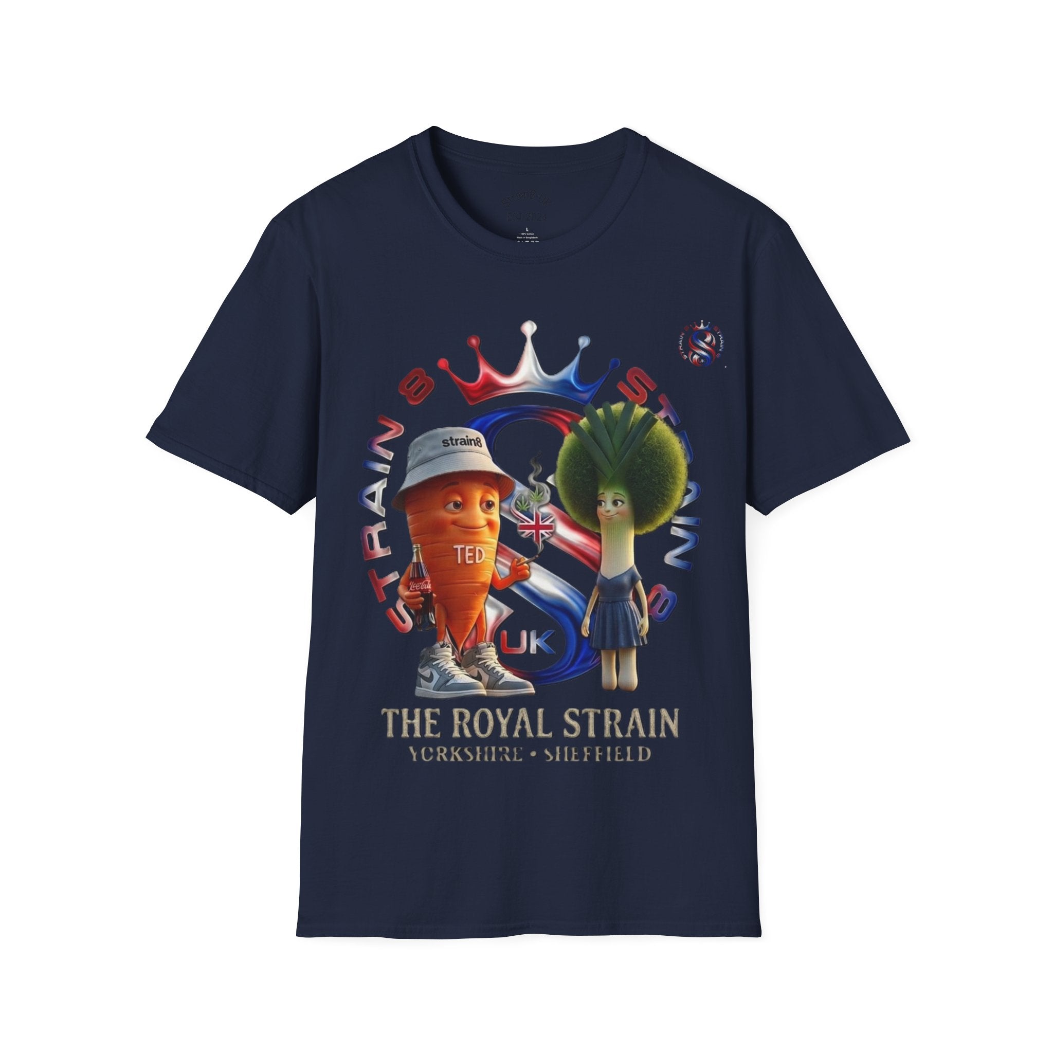 The Royal Strain8-UK T‑Shirt – Cute Cartoon Ted the carrot & Lucy the leak Veggie Characters Tee