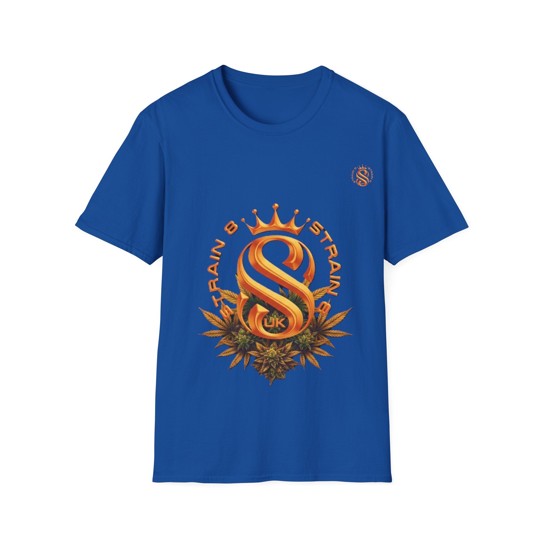 Strain8-UK metallic orange Royal Strain8-UK Emblem T‑Shirt — Crowned Strain8-UK Logo Graphic Tee