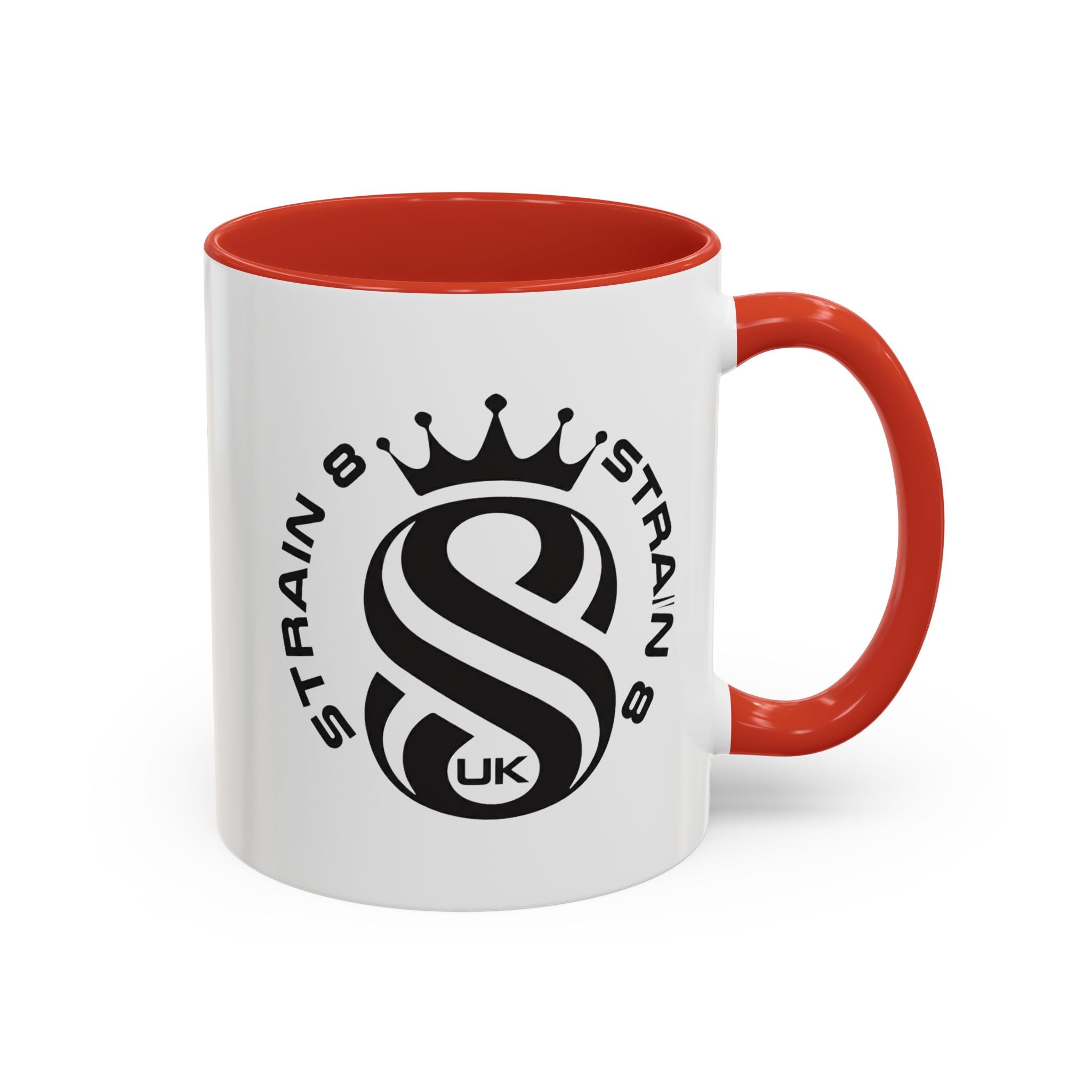 Strain 8 UK Logo Accent Coffee Mug — Crowned S8 Black & White