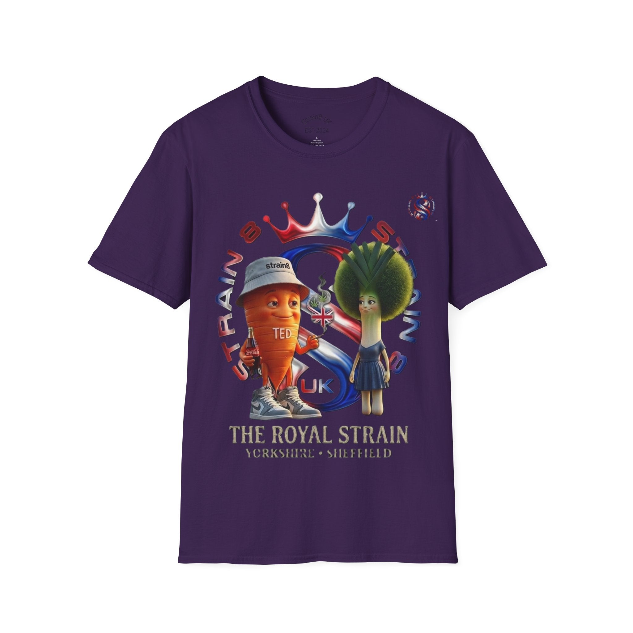 The Royal Strain8-UK T‑Shirt – Cute Cartoon Ted the carrot & Lucy the leak Veggie Characters Tee