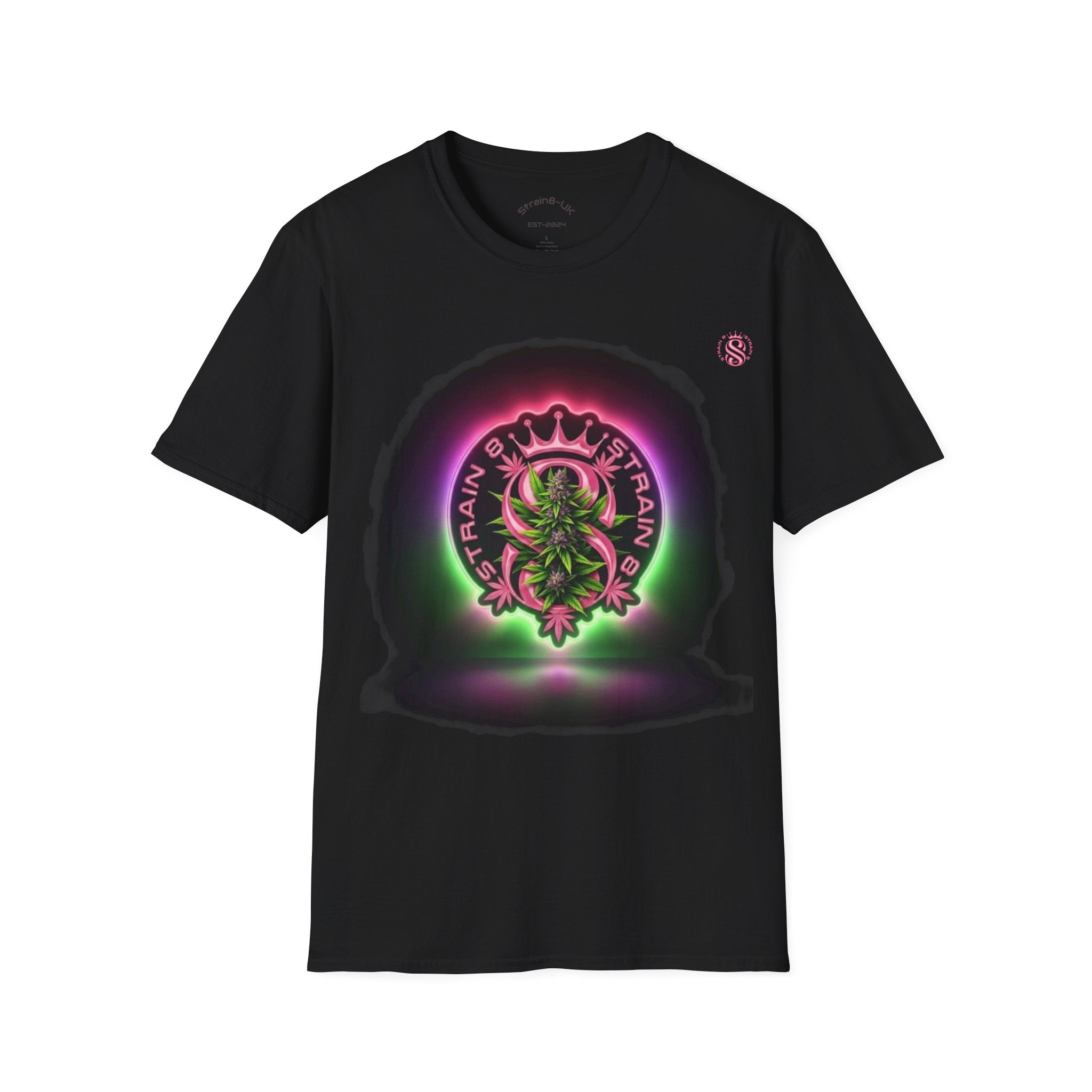 Unisex Softstyle Strain8-UK Neon Glow S8-UK Logo with flower Design T-Shirt