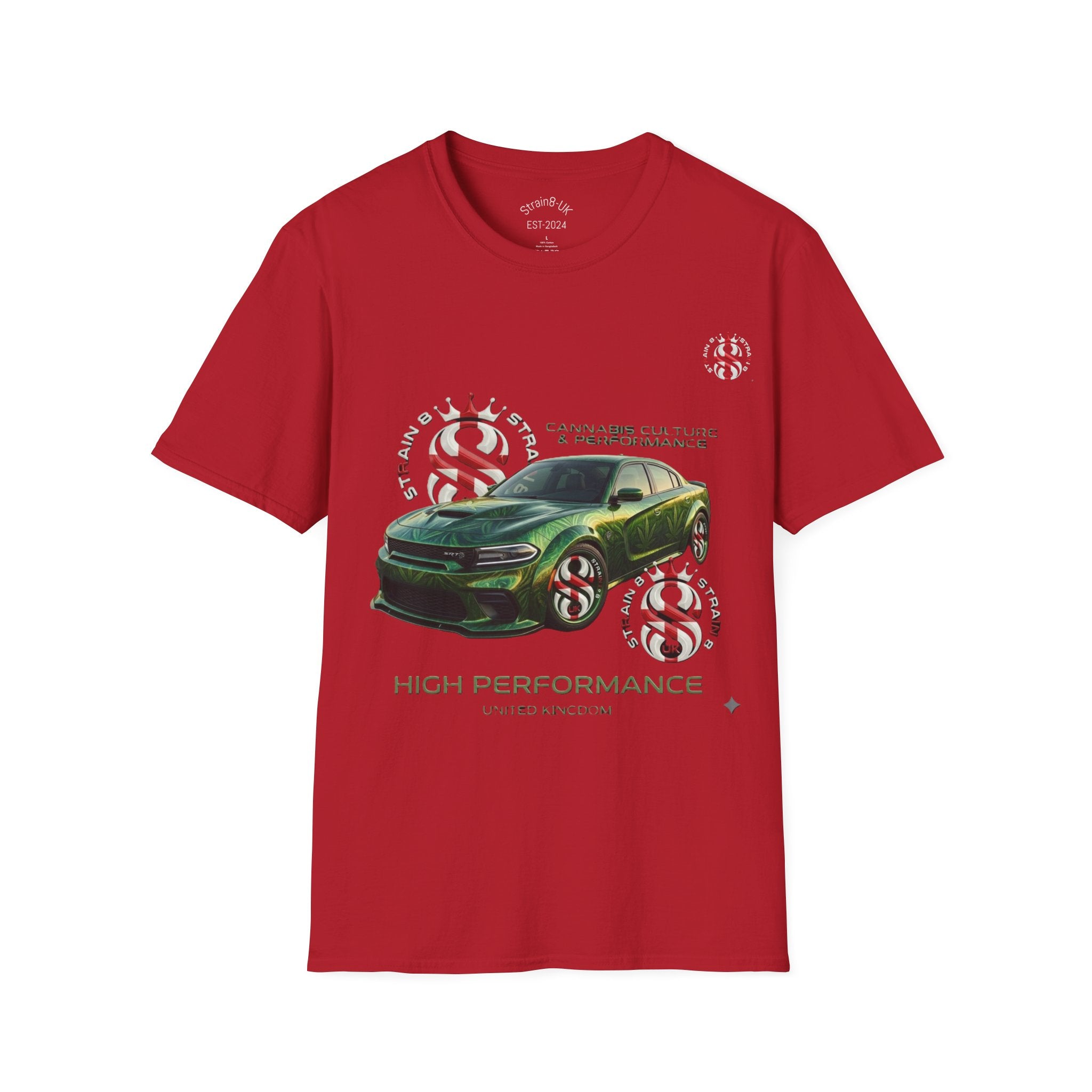 High Performance Strain8-UK Muscle Car T‑Shirt — Green Sports Car Graphic St George Cross Alloys Tee
