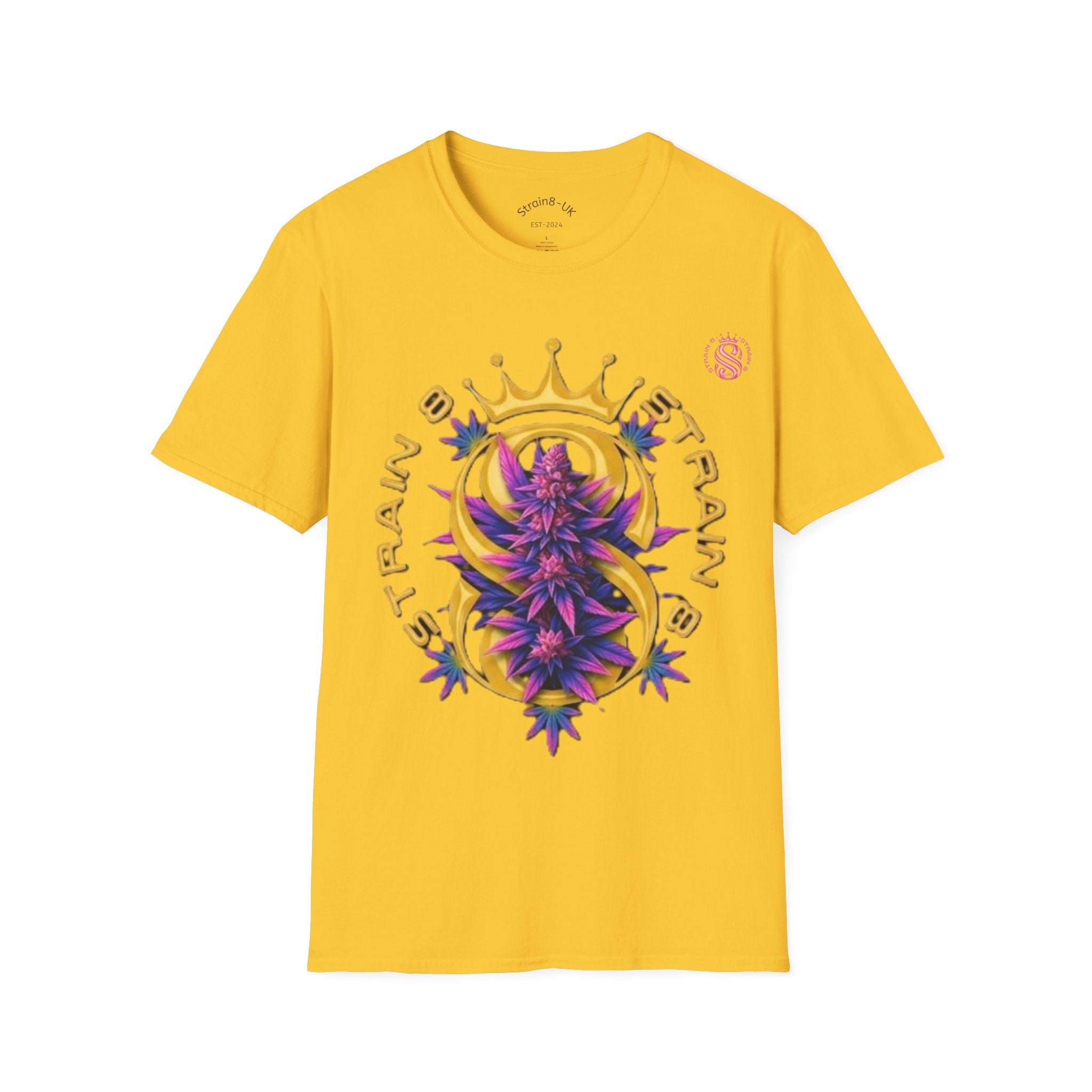 Strain8-UK Crowned Purple Floral & Original Logo T-Shirt — Strain8-UK Graphic Tee