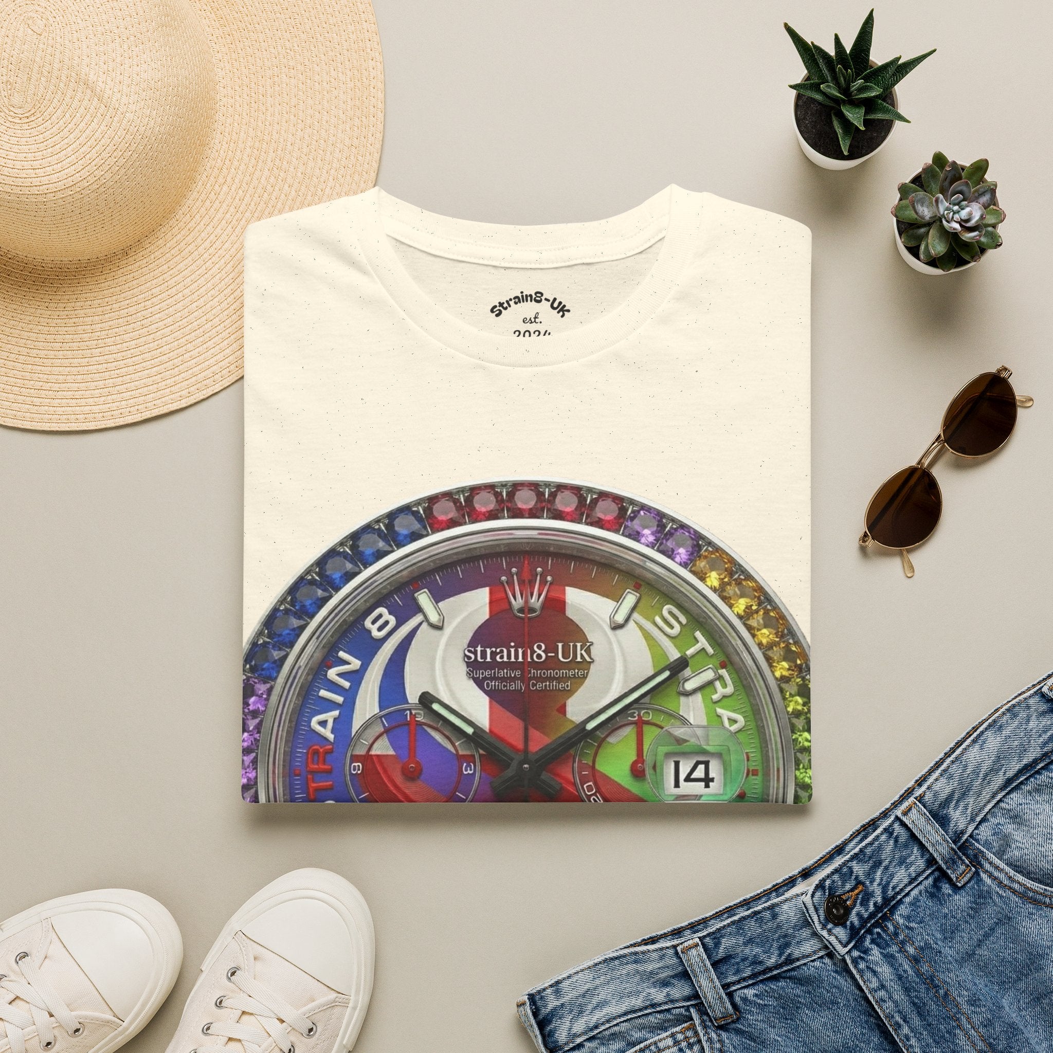 Rainbow Watch Face Graphic T‑Shirt —Strain8-UK Colourful Timepiece Dial Design
