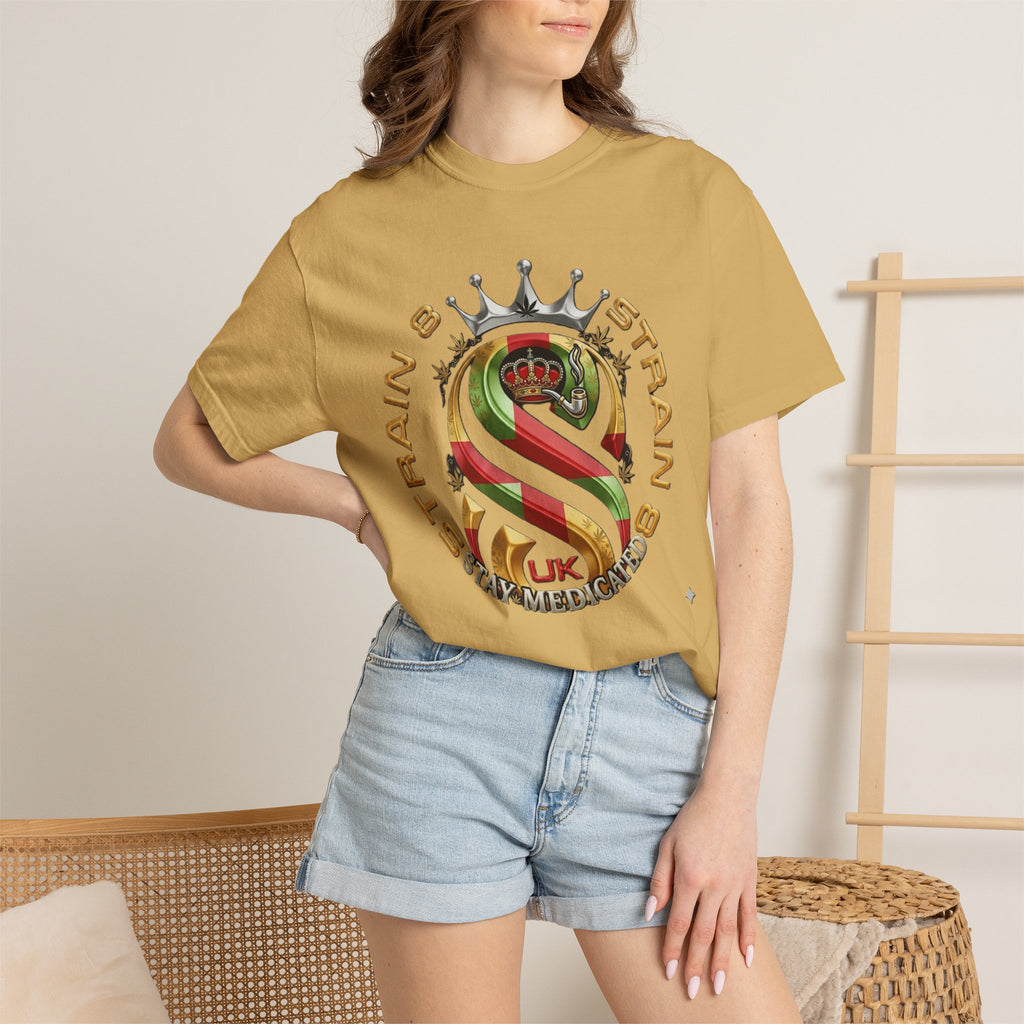 Strain8-UK Crown Logo T-Shirt — St George Cross Mixed With Spanish Flahg-Inspired Graphic Tee