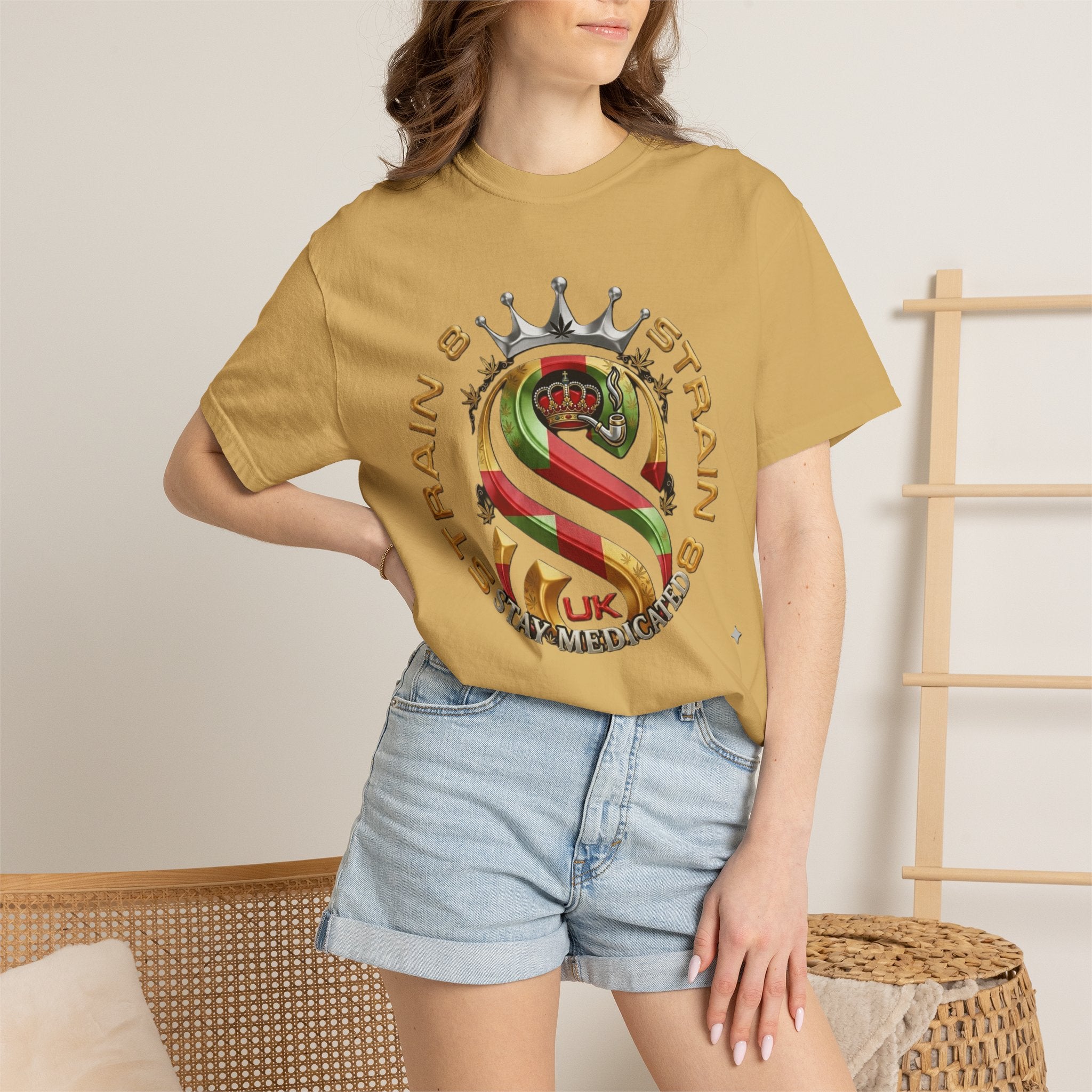 Strain8-UK Crown Logo T-Shirt — St George Cross Mixed With Spanish Flahg-Inspired Graphic Tee