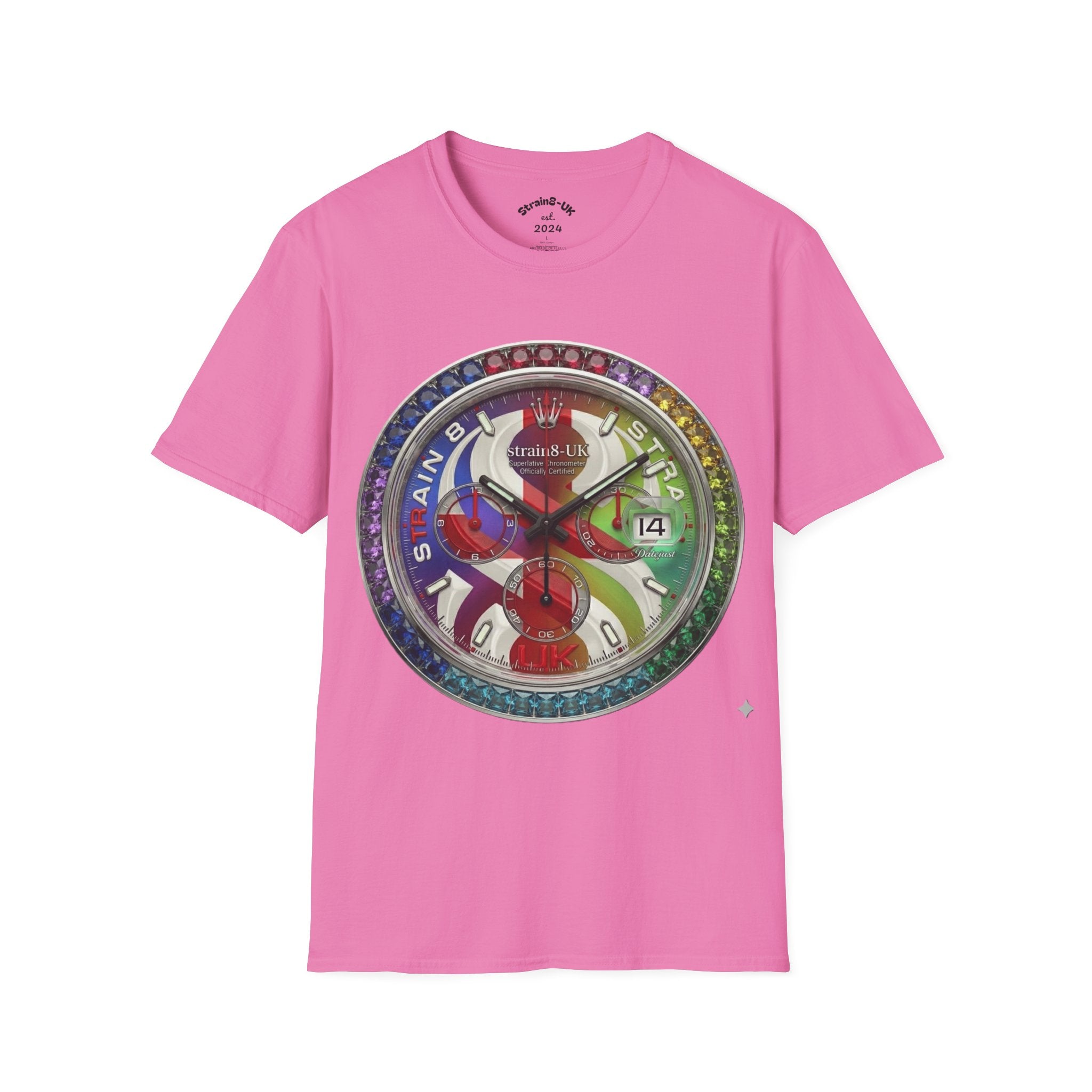 Rainbow Watch Face Graphic T‑Shirt —Strain8-UK Colourful Timepiece Dial Design