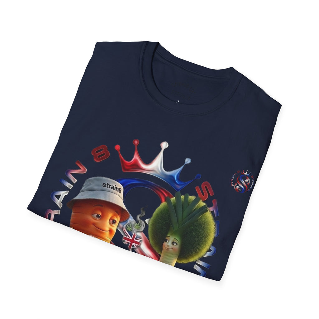 The Royal Strain8-UK T‑Shirt – Cute Cartoon Ted the carrot & Lucy the leak Veggie Characters Tee