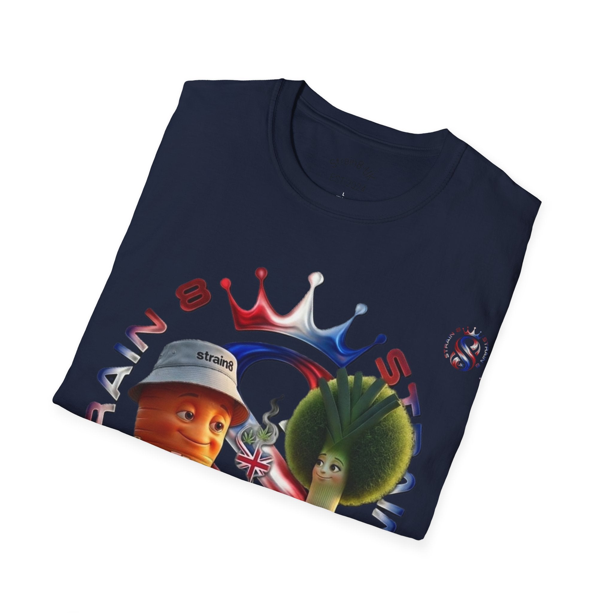 The Royal Strain8-UK T‑Shirt – Cute Cartoon Ted the carrot & Lucy the leak Veggie Characters Tee