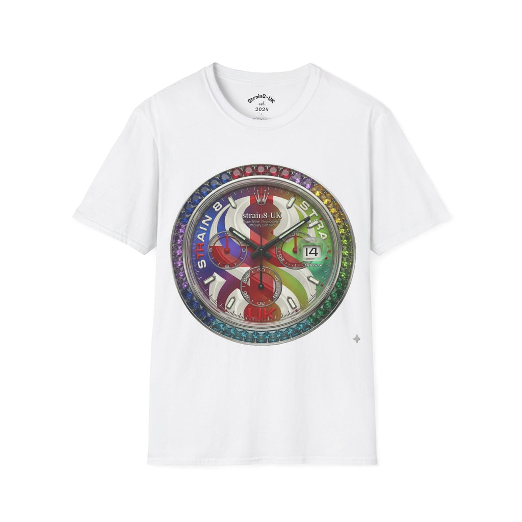 Rainbow Watch Face Graphic T‑Shirt —Strain8-UK Colourful Timepiece Dial Design