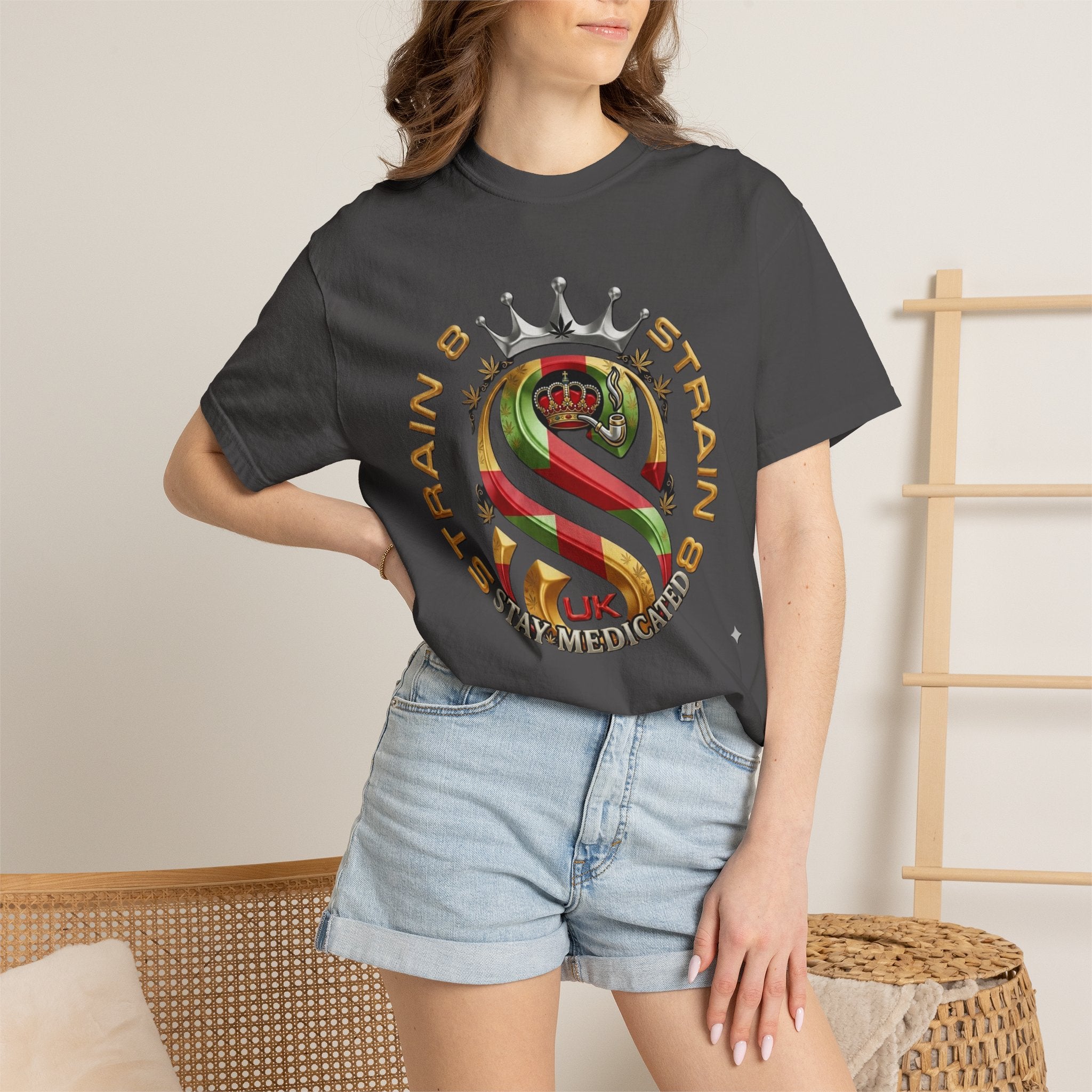 Strain8-UK Crown Logo T-Shirt — St George Cross Mixed With Spanish Flahg-Inspired Graphic Tee
