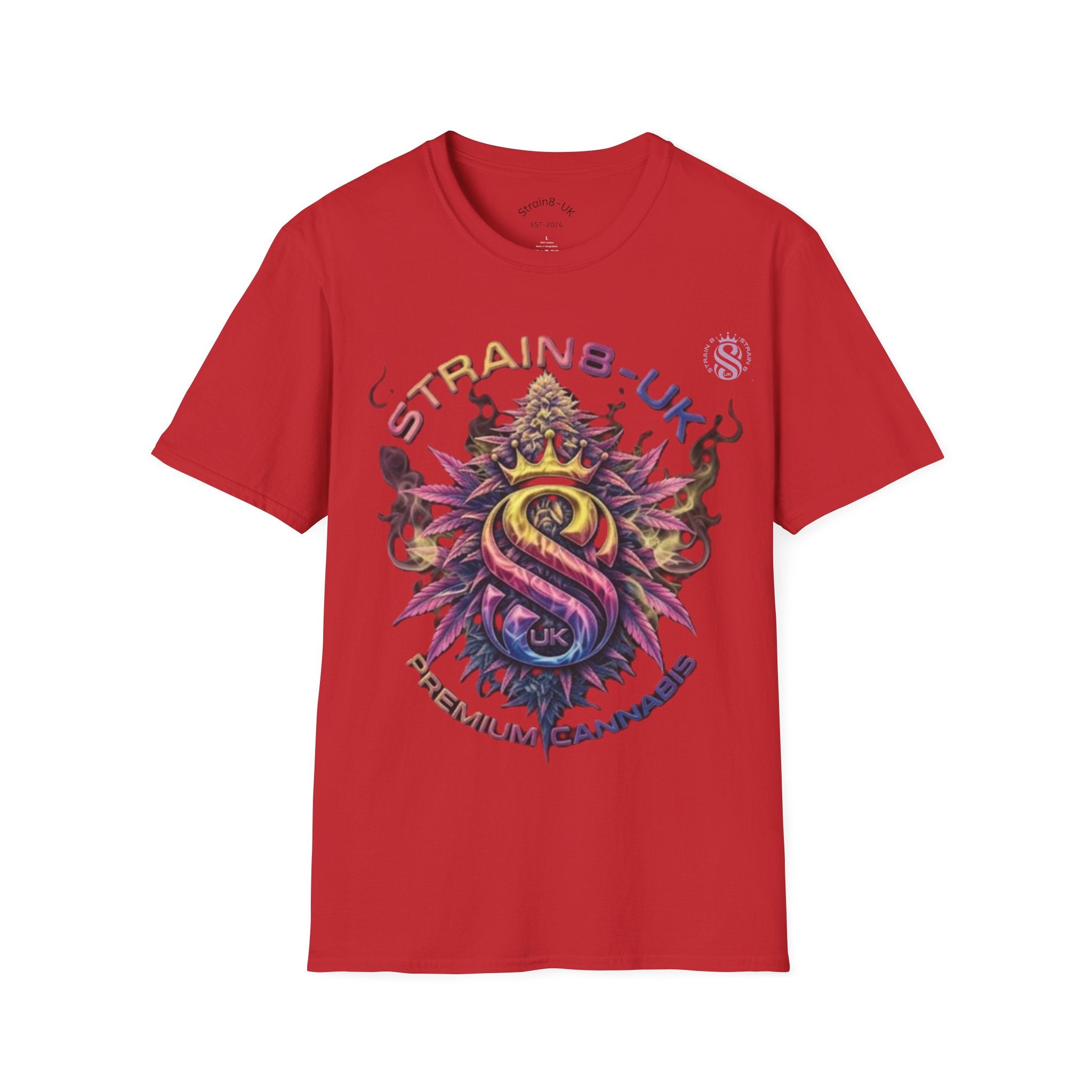 Strain8-UK T‑Shirt — Vibrant Psychedelic Leaf&Logo ‘STRAIN8-UK’ Graphic Tee