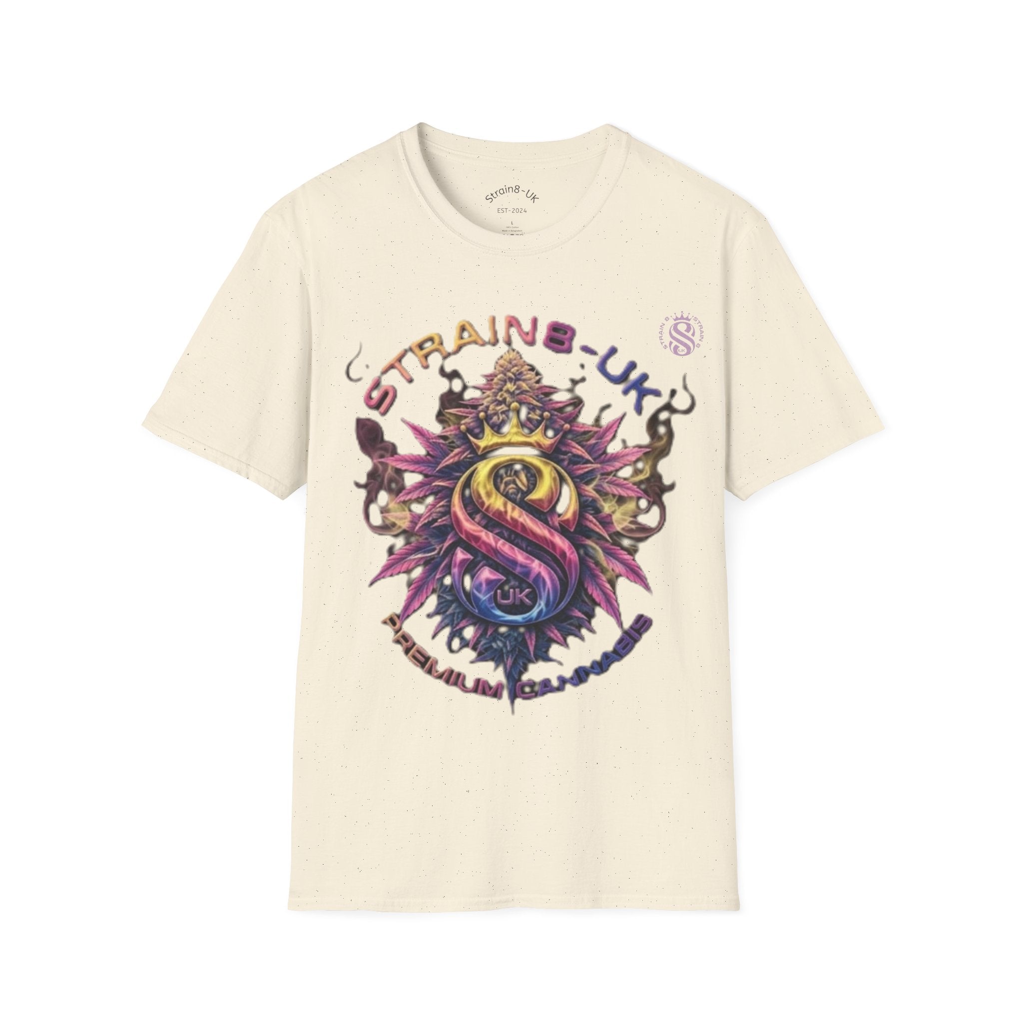 Strain8-UK T‑Shirt — Vibrant Psychedelic Leaf&Logo ‘STRAIN8-UK’ Graphic Tee