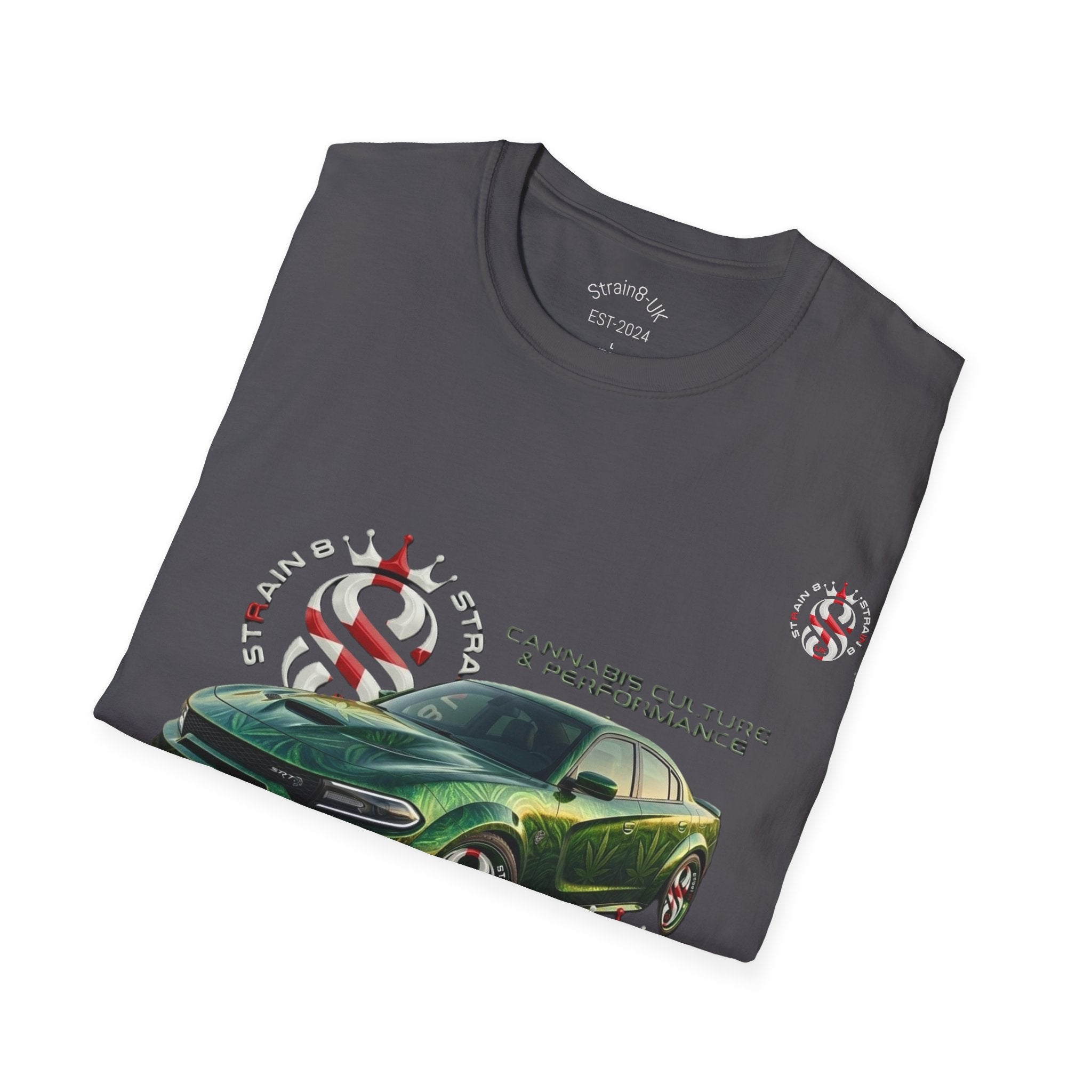High Performance Strain8-UK Muscle Car T‑Shirt — Green Sports Car Graphic St George Cross Alloys Tee