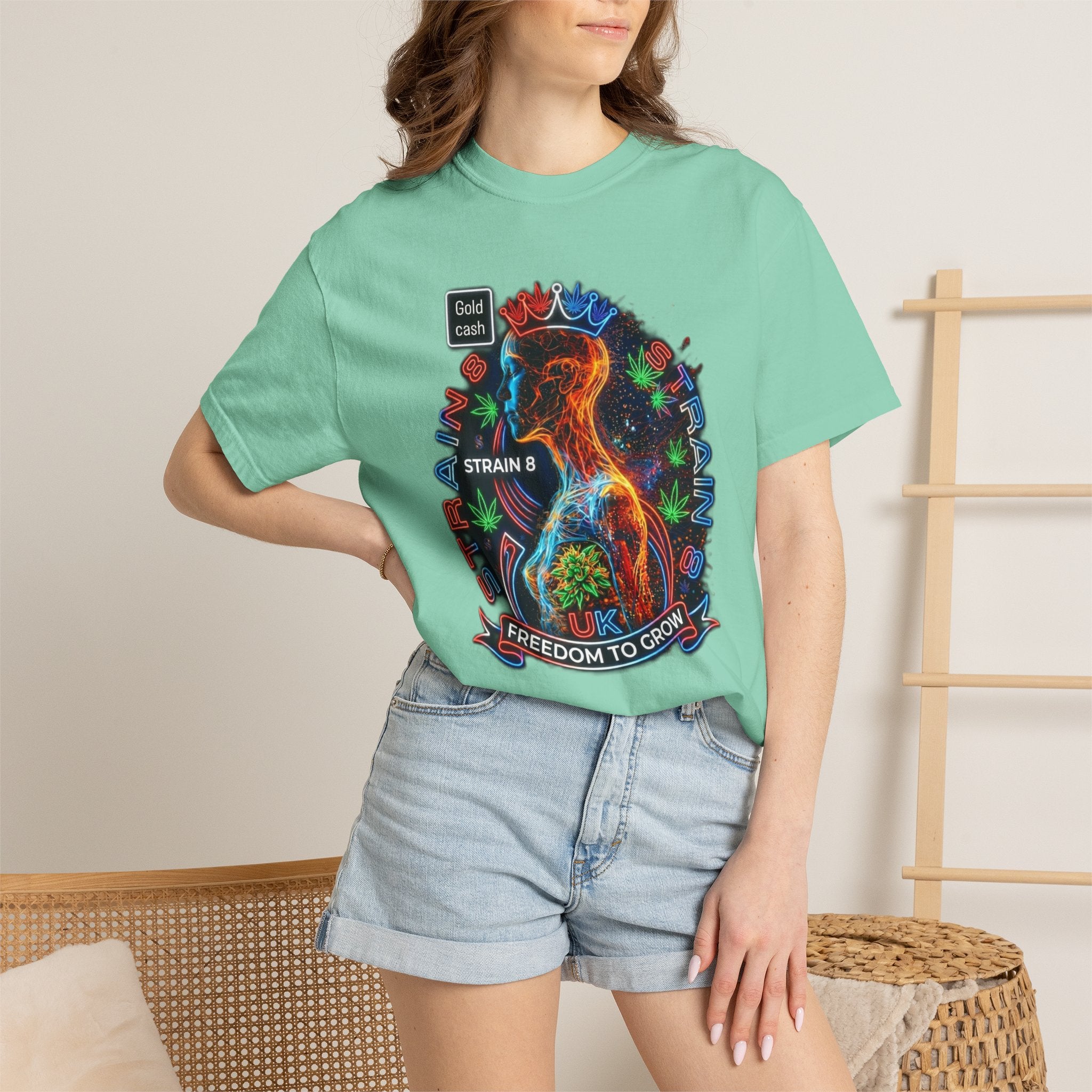 T-Shirt — Psychedelic Crowned Female Energy Glow, Freedom to Grow Graphic Tee (Strain8-UK)