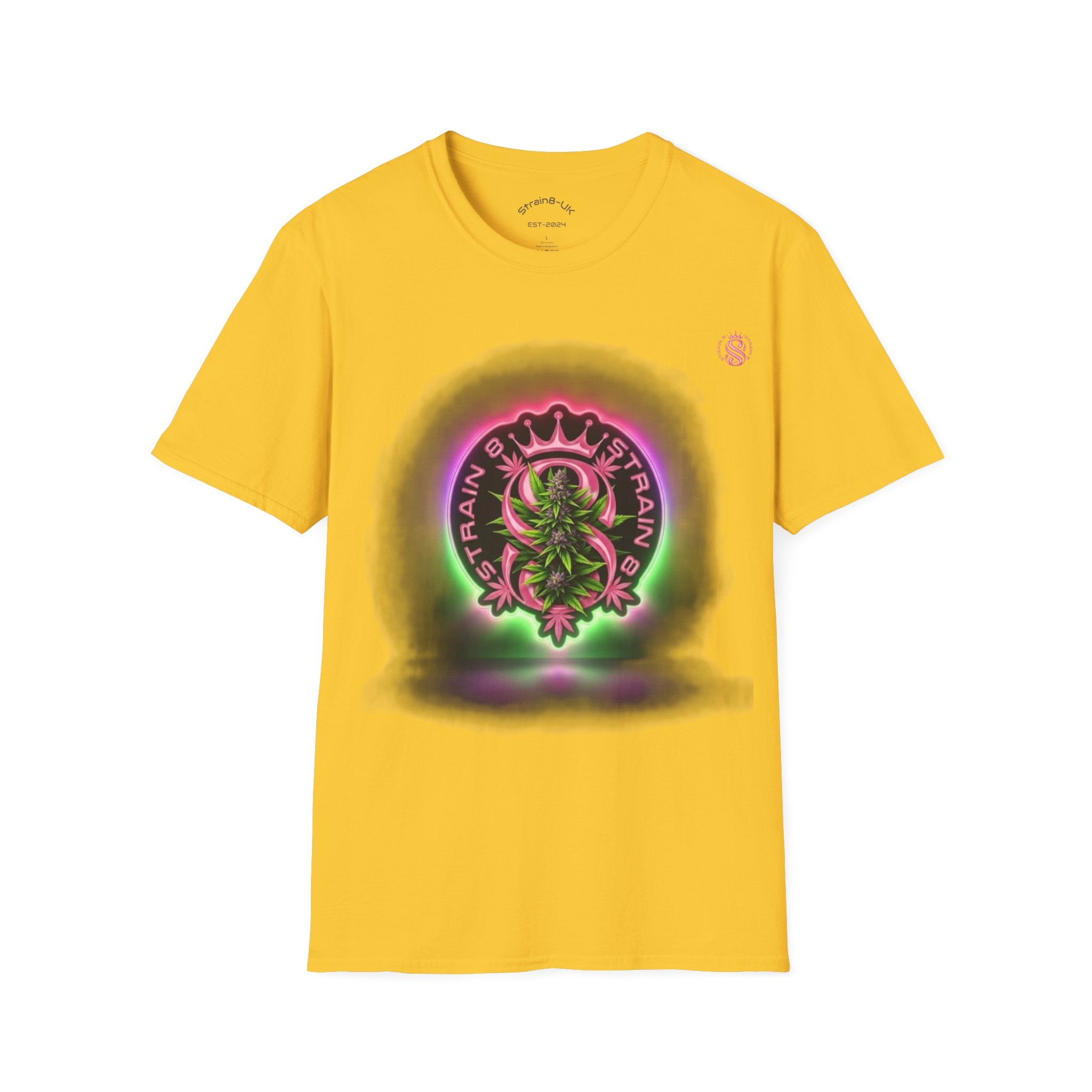 Unisex Softstyle Strain8-UK Neon Glow S8-UK Logo with flower Design T-Shirt