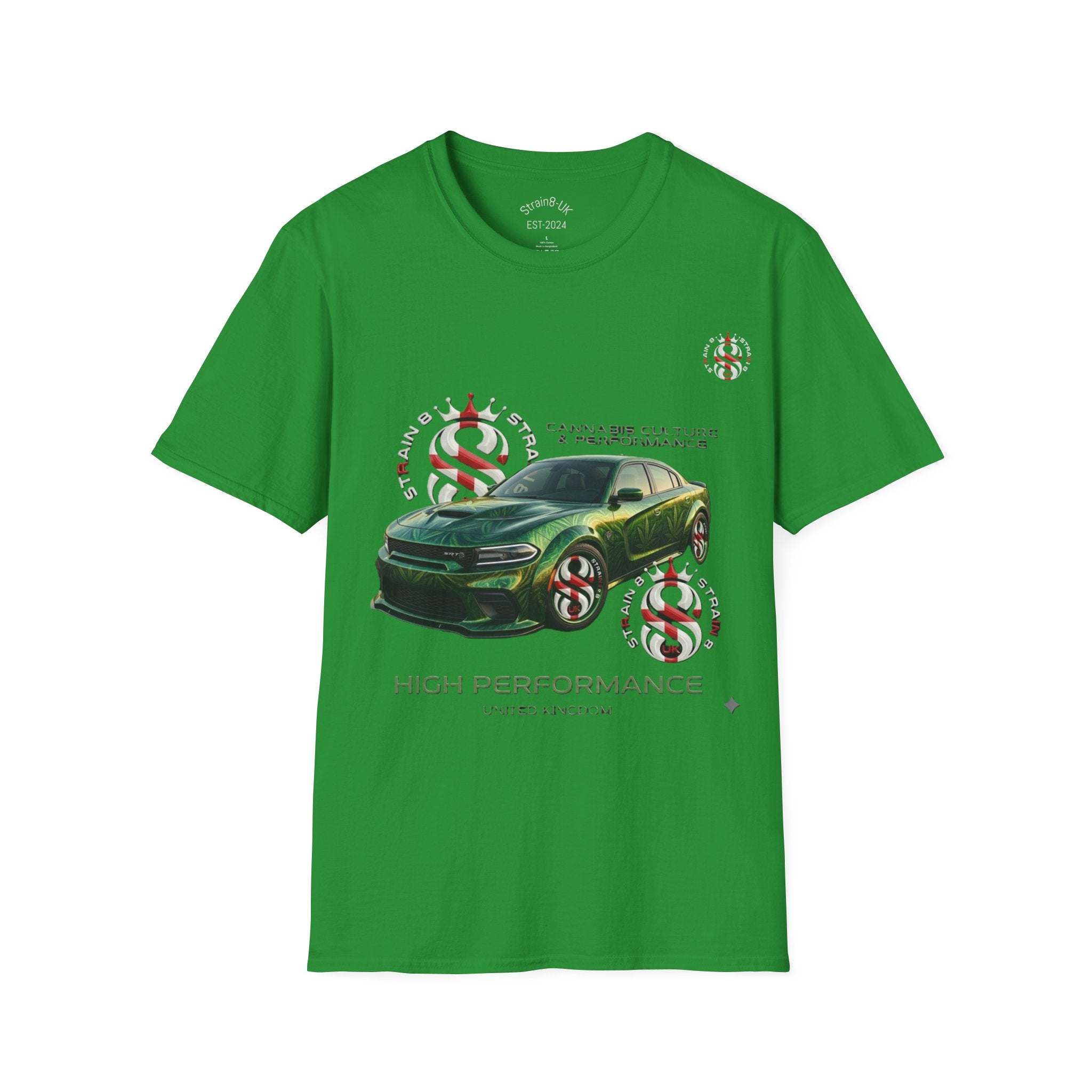 High Performance Strain8-UK Muscle Car T‑Shirt — Green Sports Car Graphic St George Cross Alloys Tee
