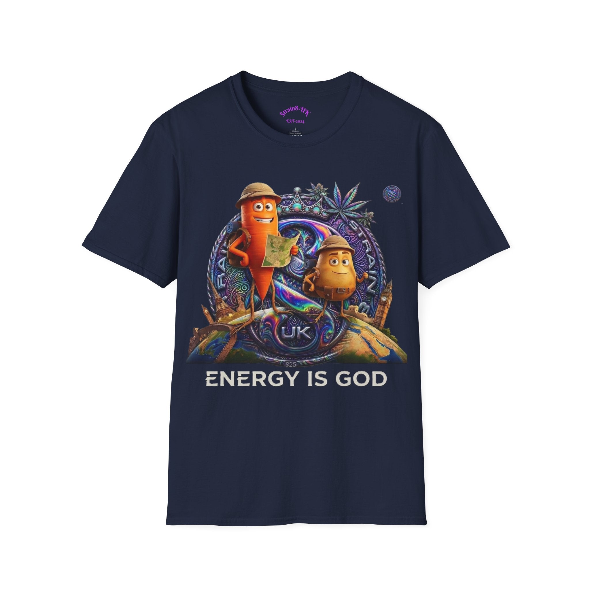 Strain8-UK Ted&Fred Energy Is God T-Shirt — Retro Cartoon Space Energy Design