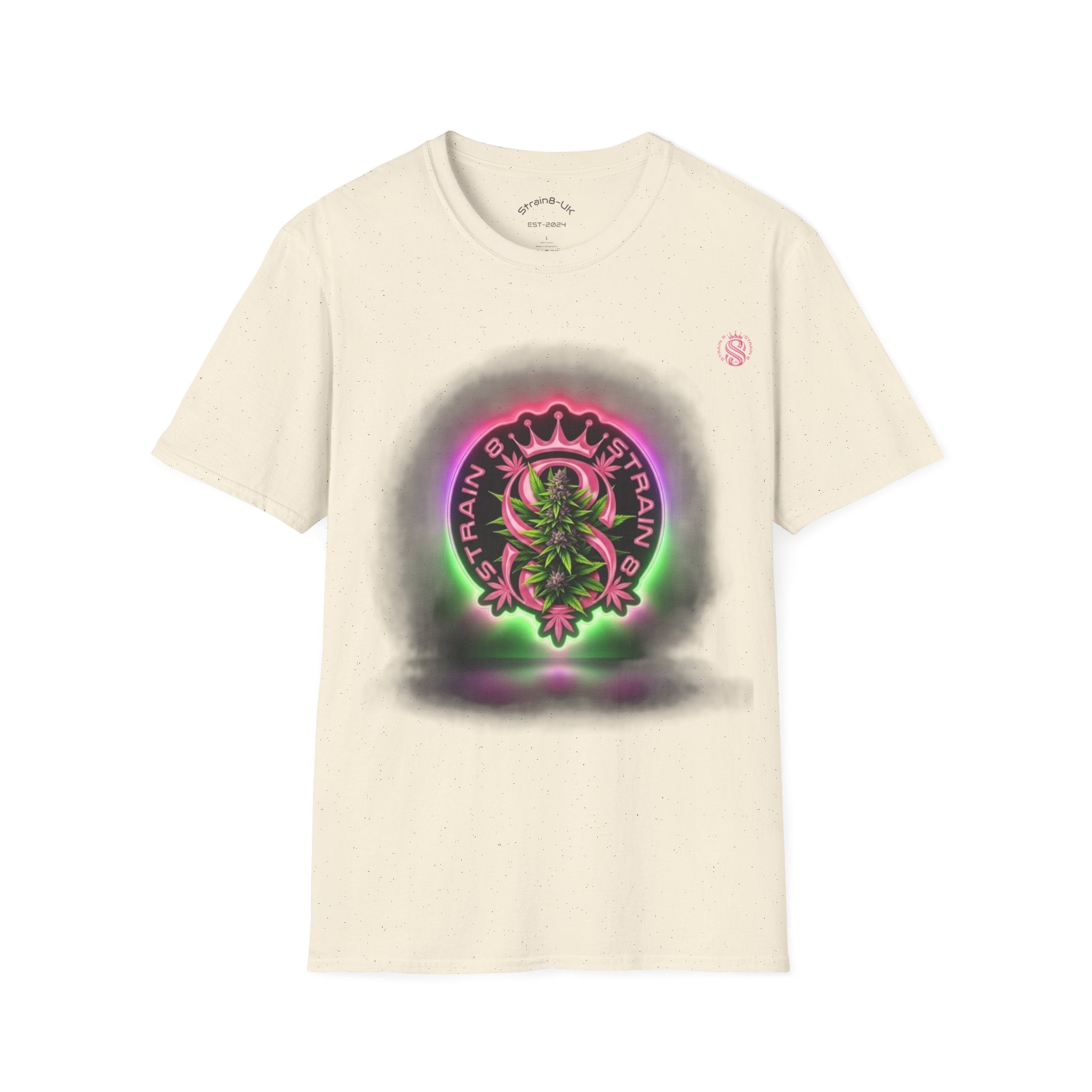 Unisex Softstyle Strain8-UK Neon Glow S8-UK Logo with flower Design T-Shirt