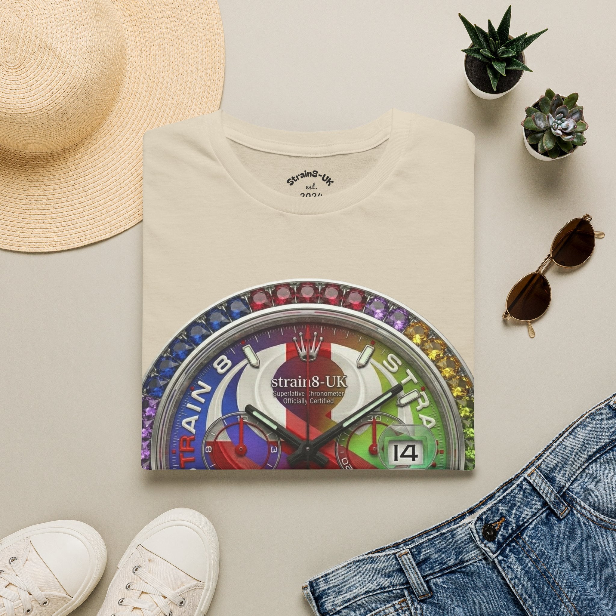 Rainbow Watch Face Graphic T‑Shirt —Strain8-UK Colourful Timepiece Dial Design