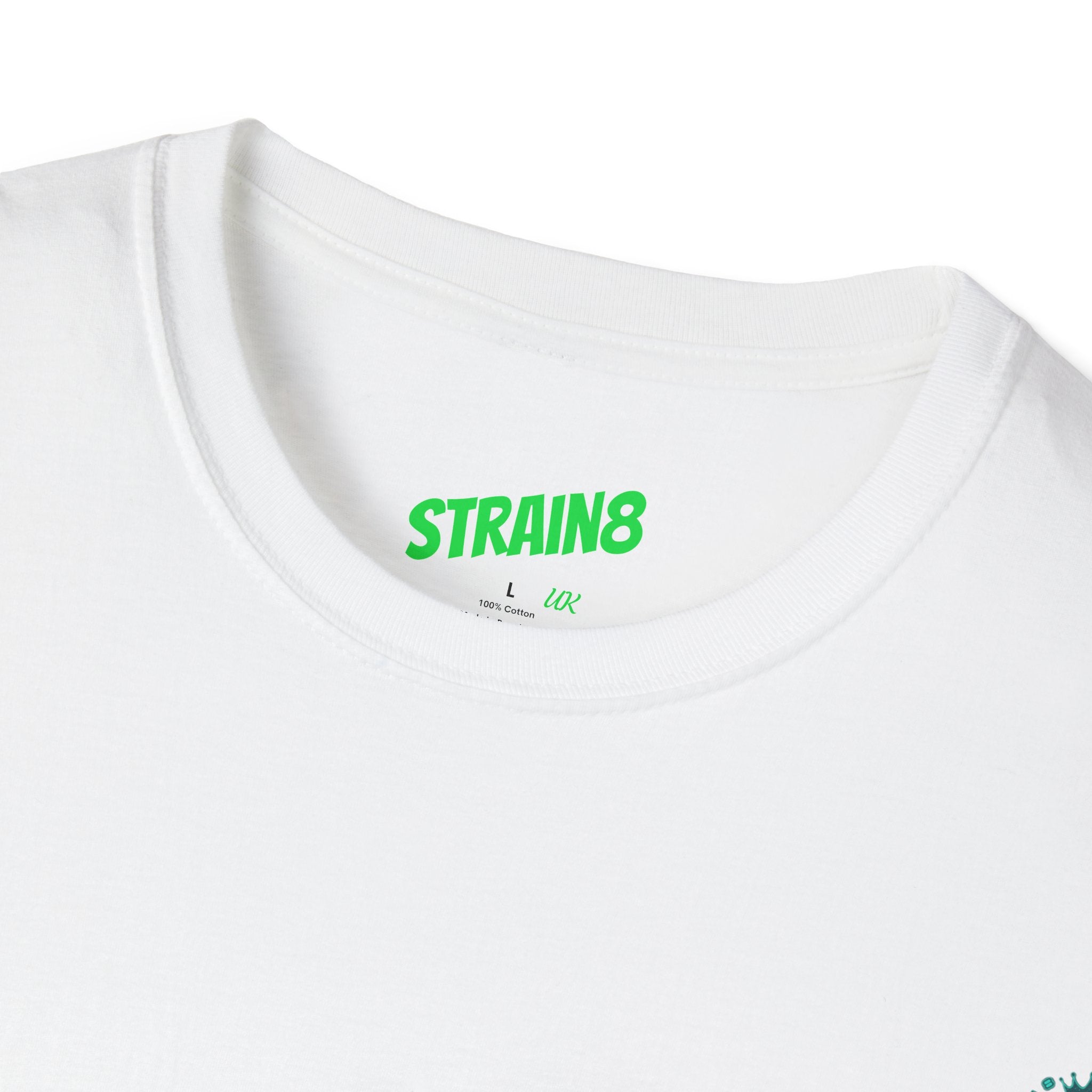 Minimal White T‑Shirt with Small Strain8-UK Chest Emblem — Classic Casual Tee