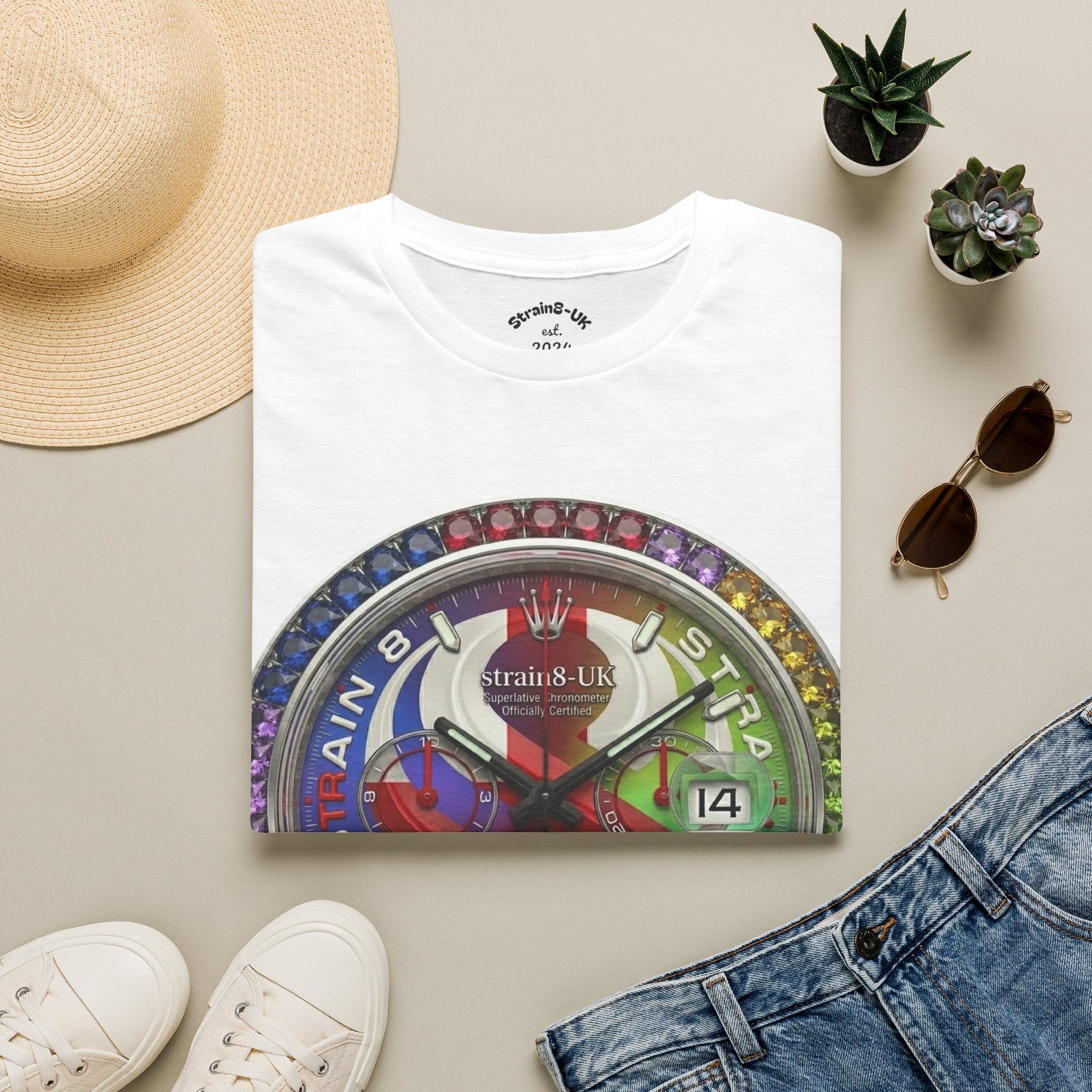 Rainbow Watch Face Graphic T‑Shirt —Strain8-UK Colourful Timepiece Dial Design