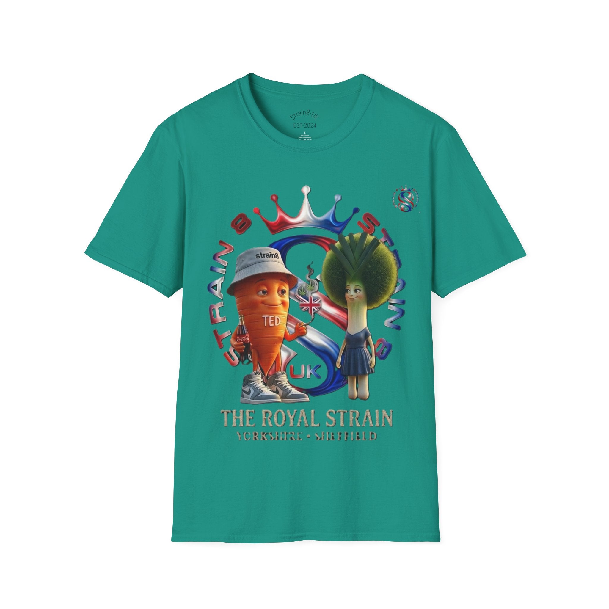 The Royal Strain8-UK T‑Shirt – Cute Cartoon Ted the carrot & Lucy the leak Veggie Characters Tee