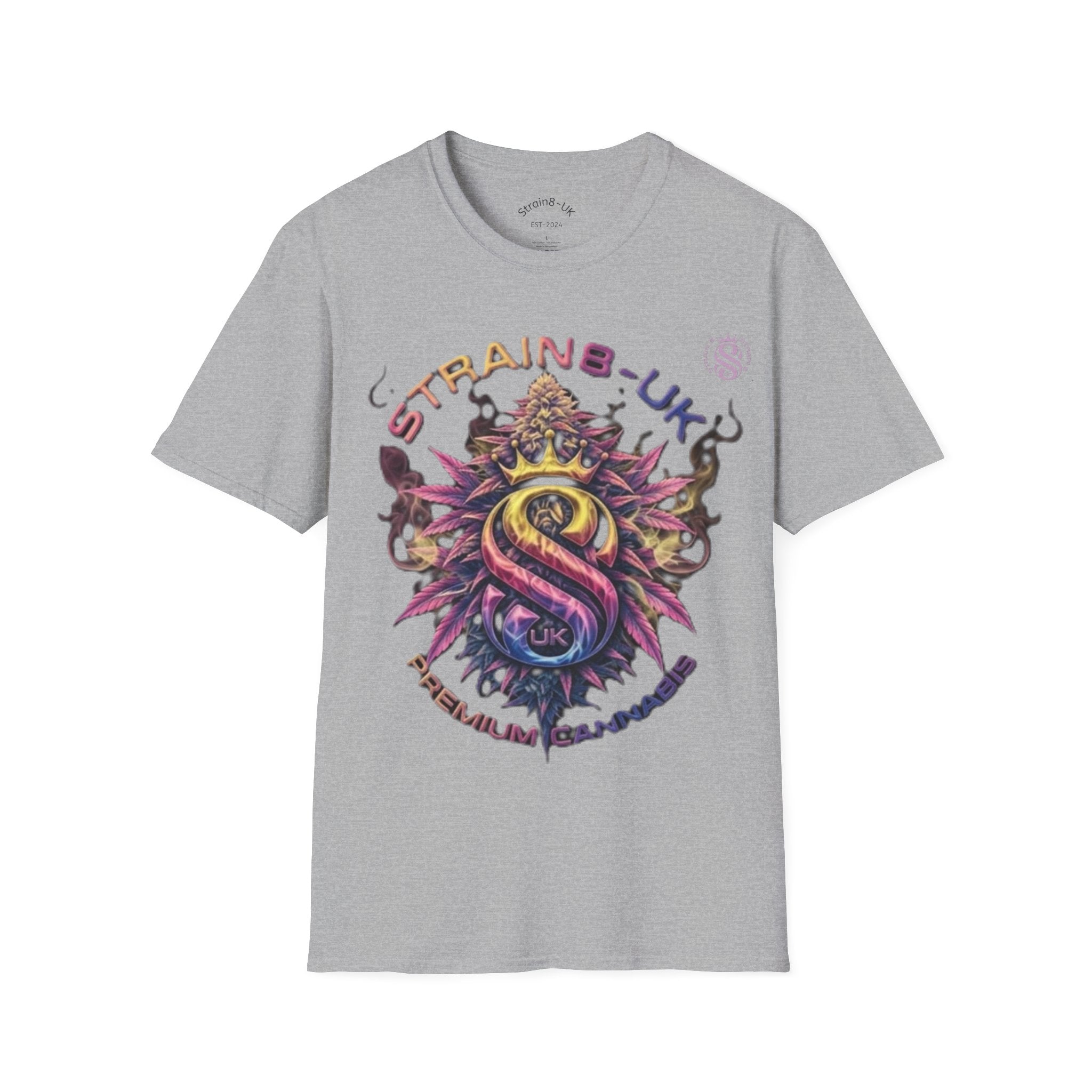 Strain8-UK T‑Shirt — Vibrant Psychedelic Leaf&Logo ‘STRAIN8-UK’ Graphic Tee