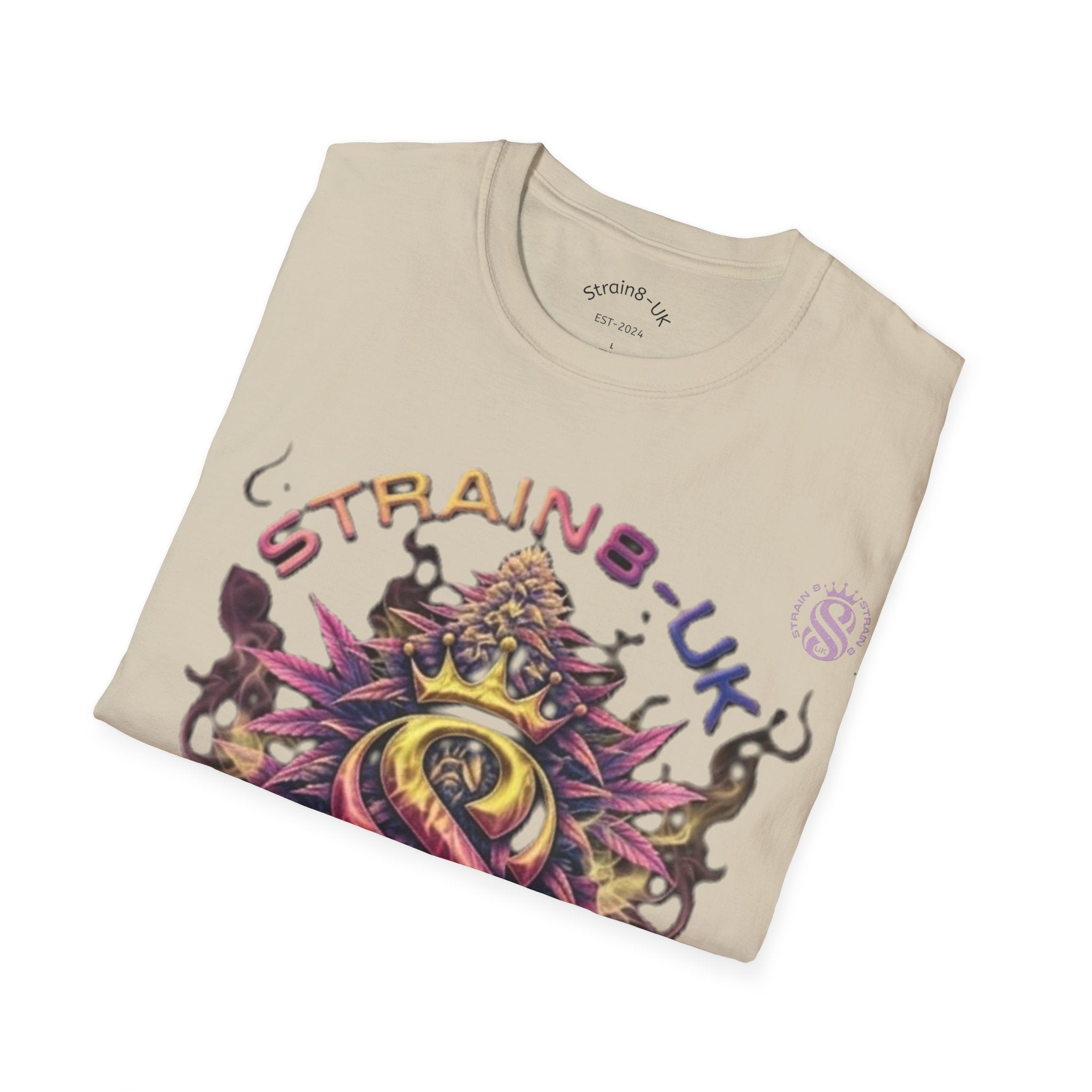 Strain8-UK T‑Shirt — Vibrant Psychedelic Leaf&Logo ‘STRAIN8-UK’ Graphic Tee